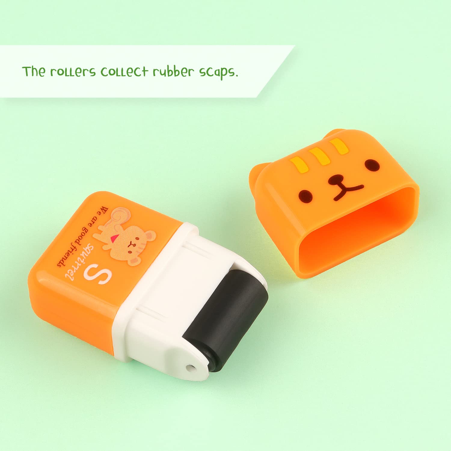 Erasers with cover and roller help clean up eraser fragments