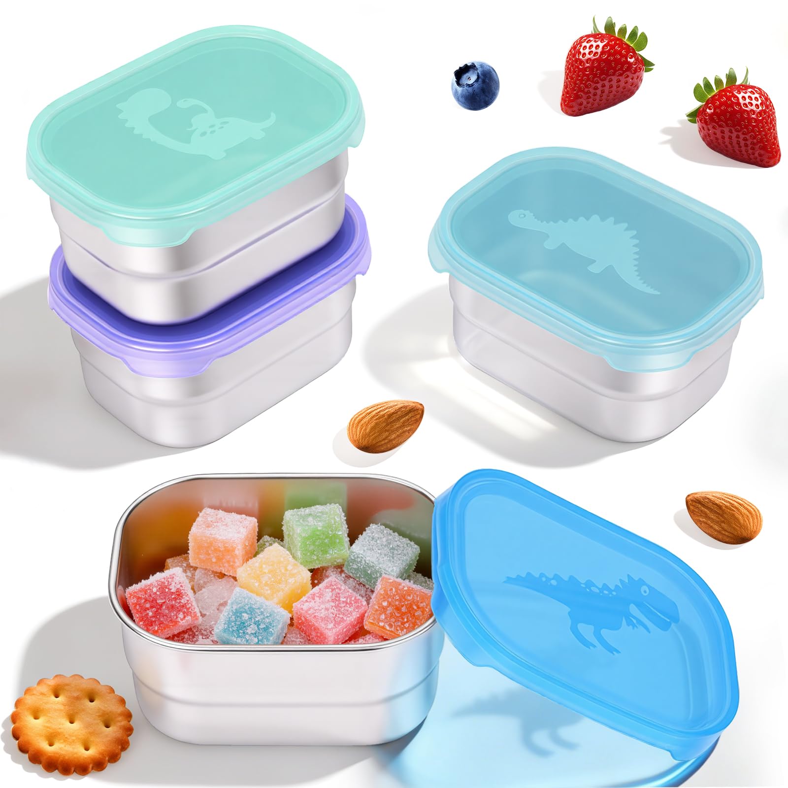 Tanjiae 4×8oz stainless steel snack containers with dinosaur lid design
