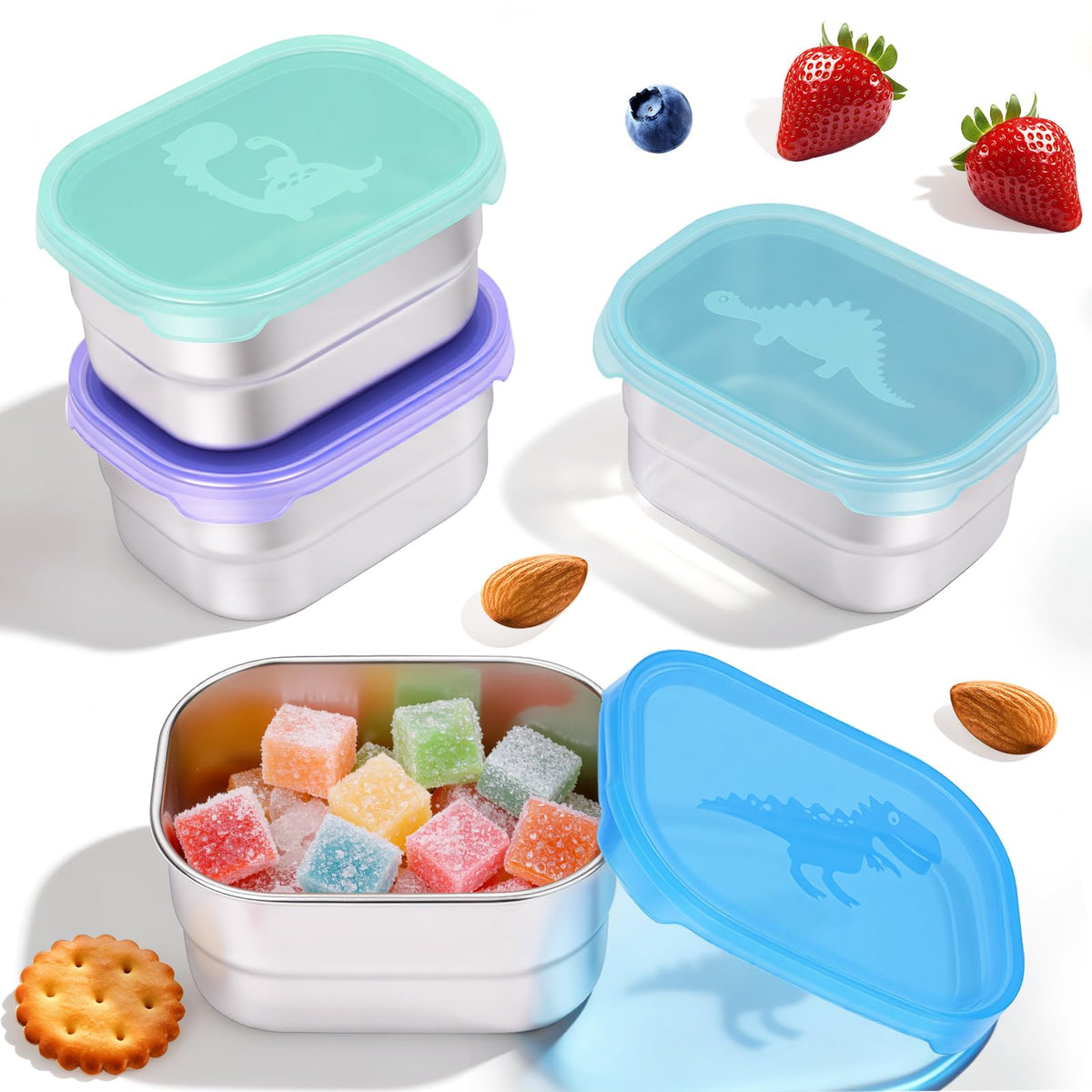 Tanjiae 4×8oz stainless steel snack containers with dinosaur lid design