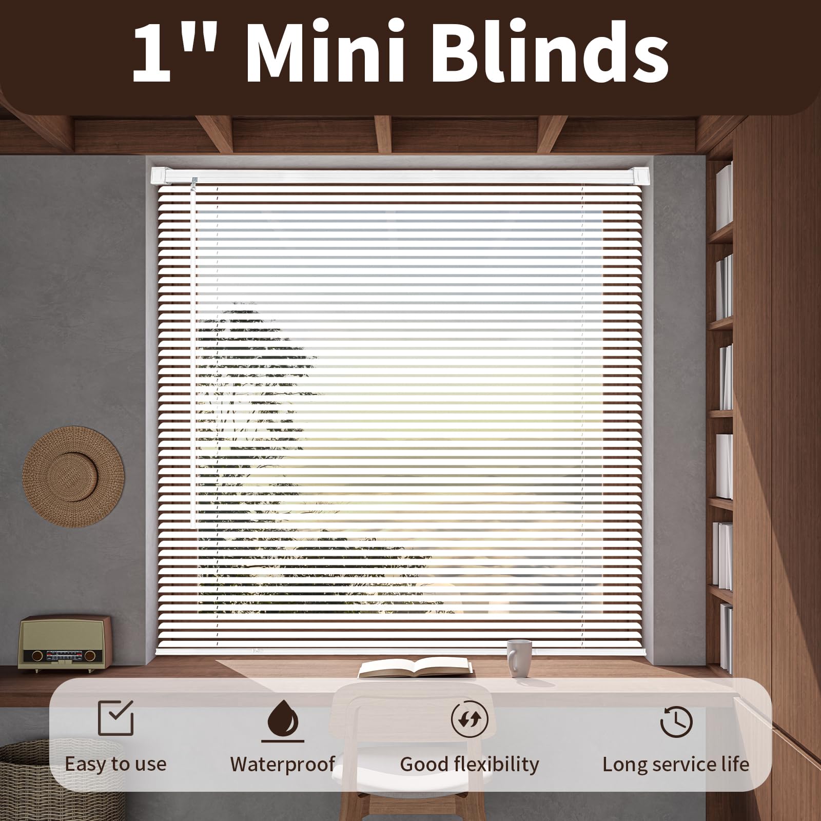 Taplzmg cordless mini blinds 22x48 white vinyl blades close up
