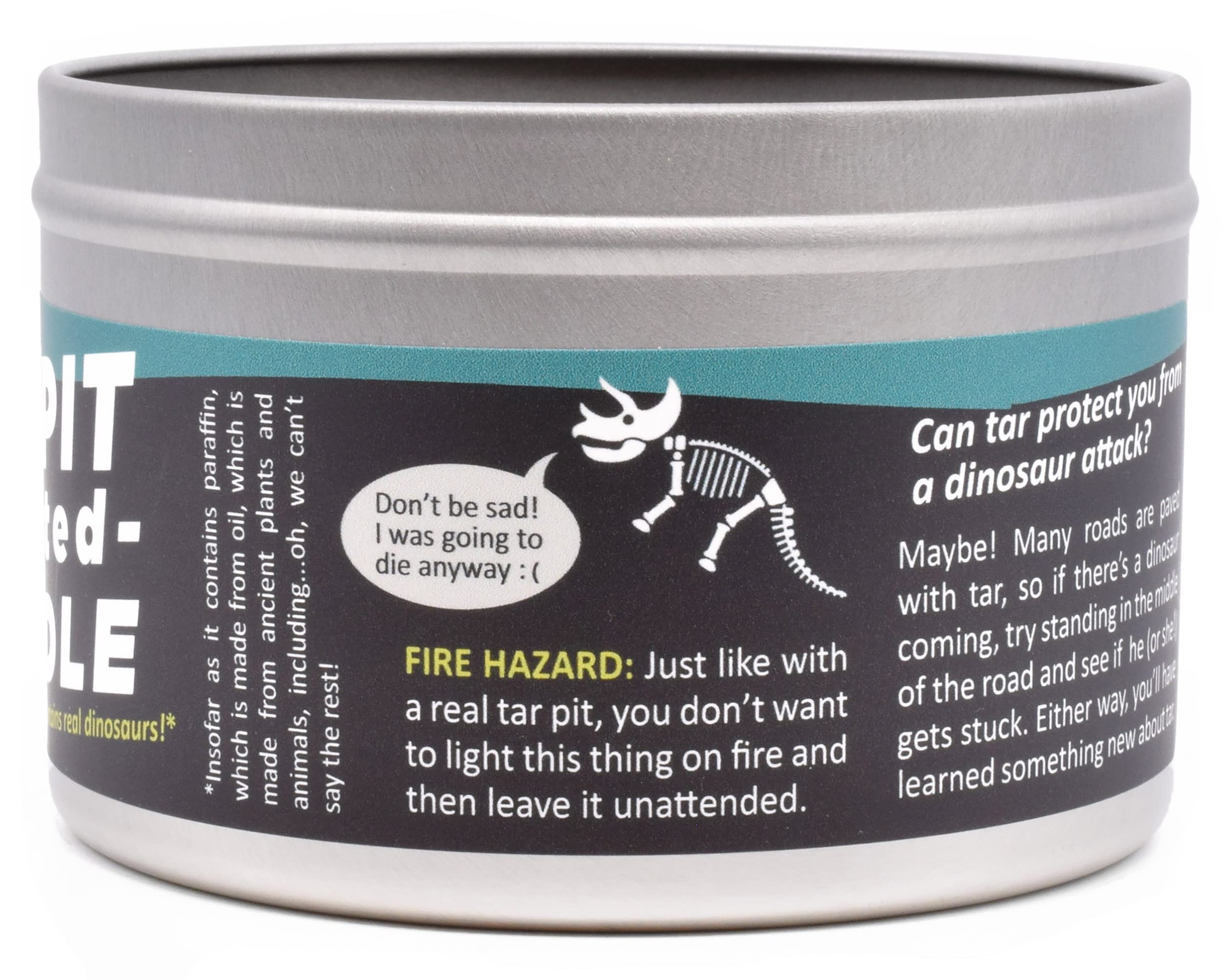 Candle label with tar facts and dinosaur motif