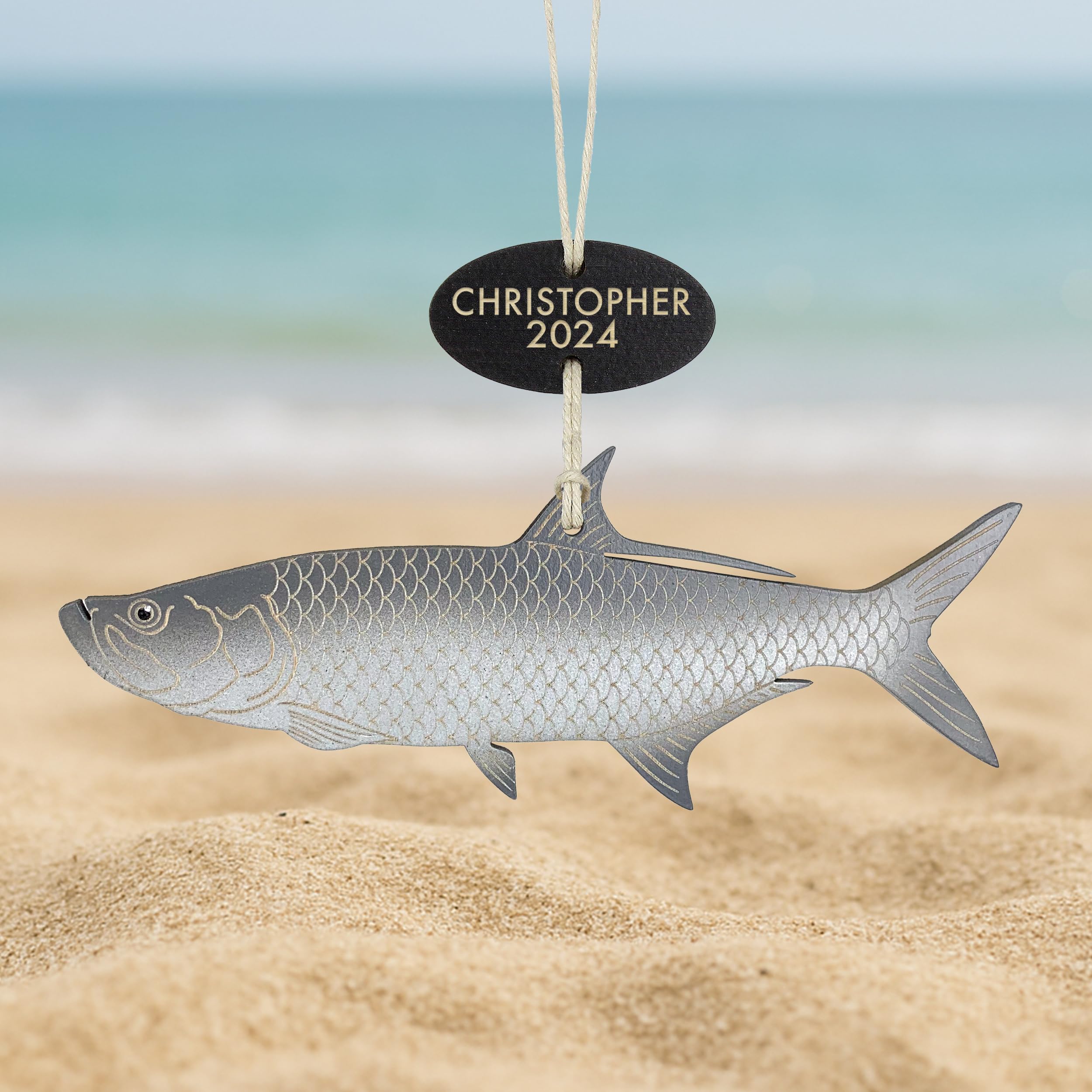 Tarpon fish ornament hand-painted with laser engraved details