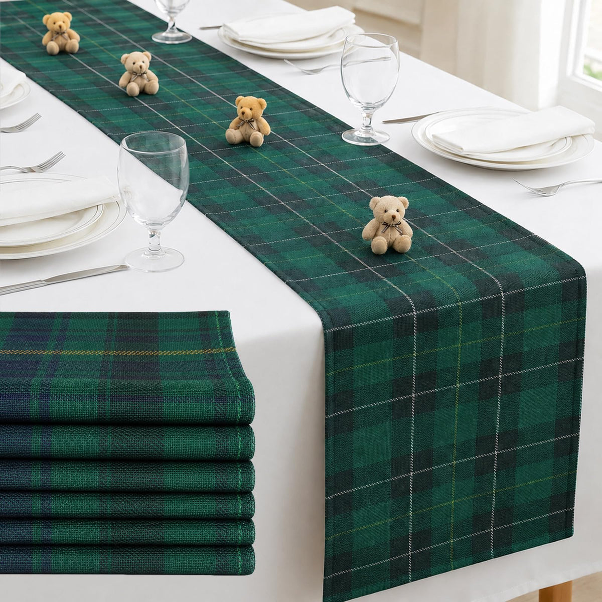 tartan plaid bear baby shower table runner on table