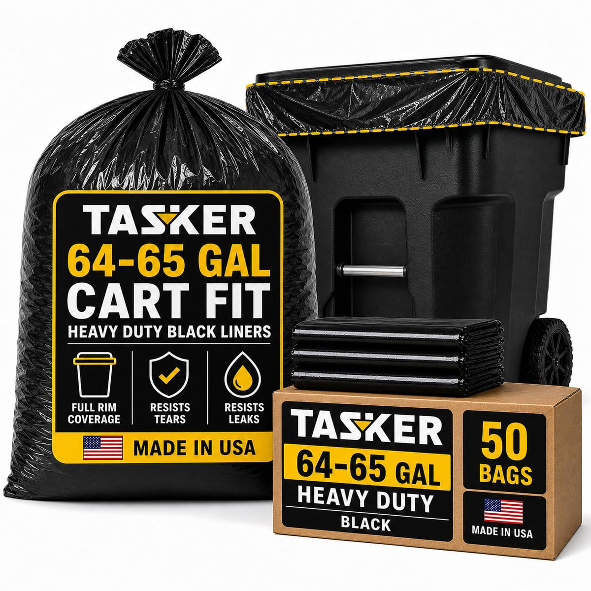 Tasker 65 gallon heavy duty trash bags in black