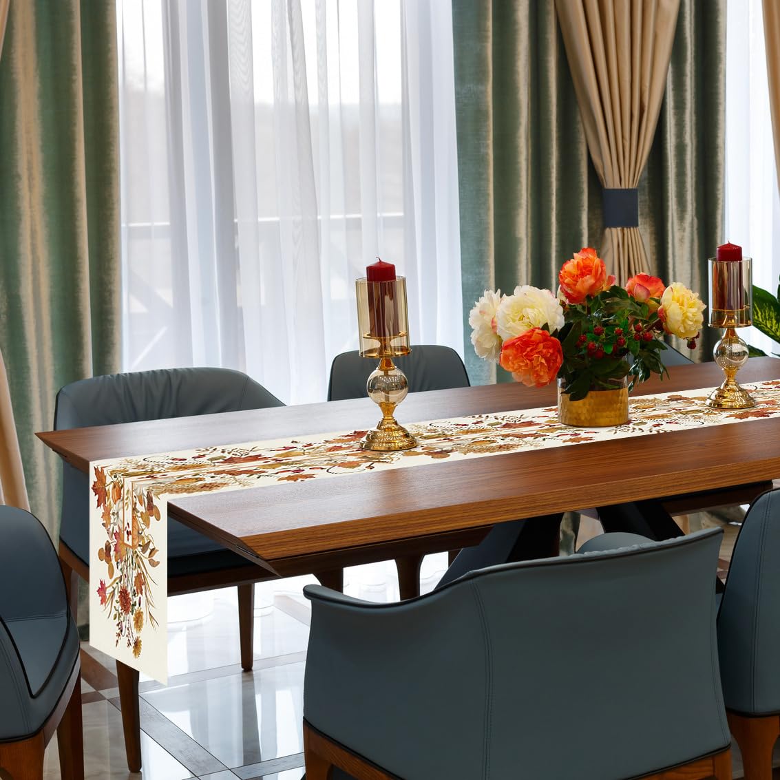 Fall decor polyester table runner on dining table