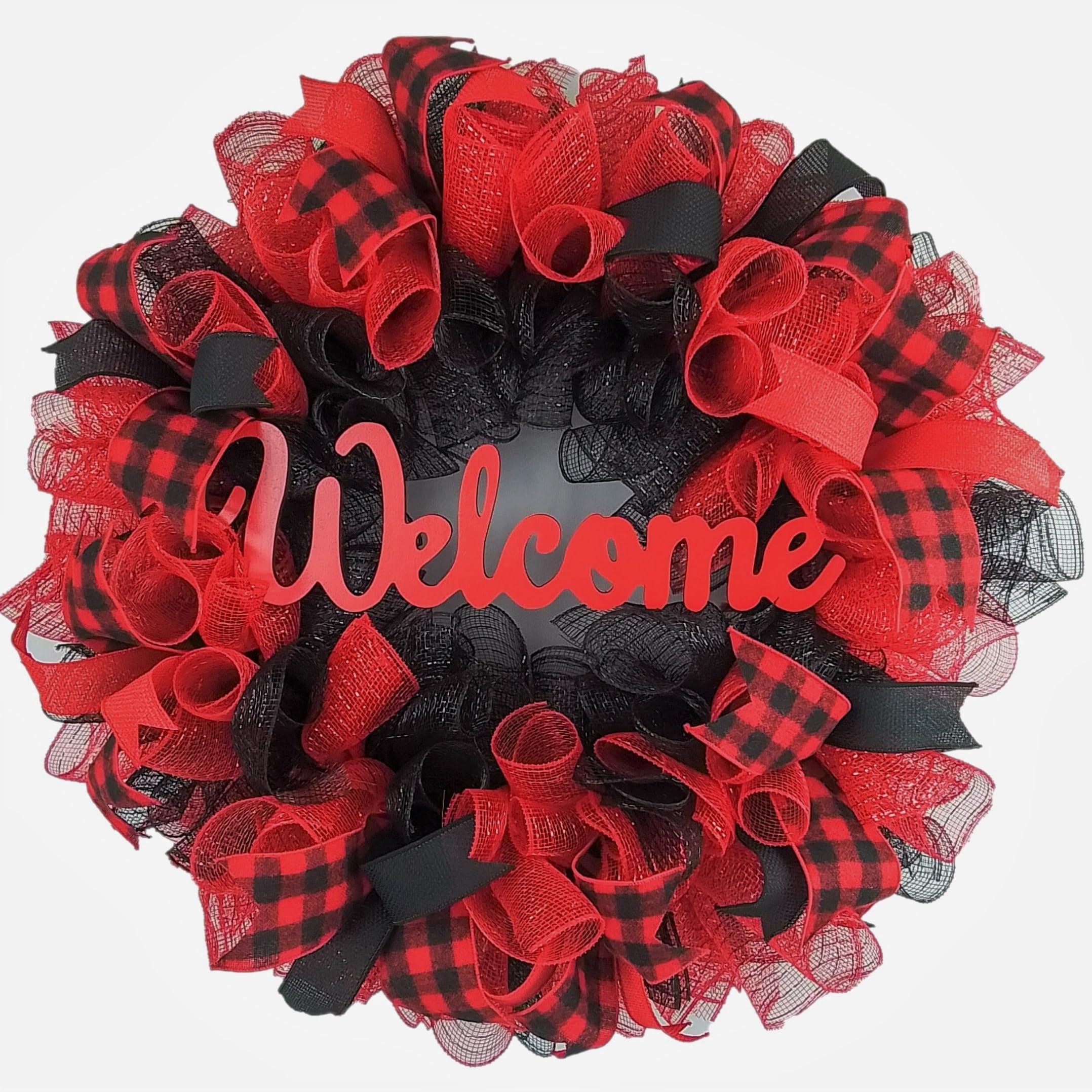 TB30 front door wreath red black mesh with burlap accents