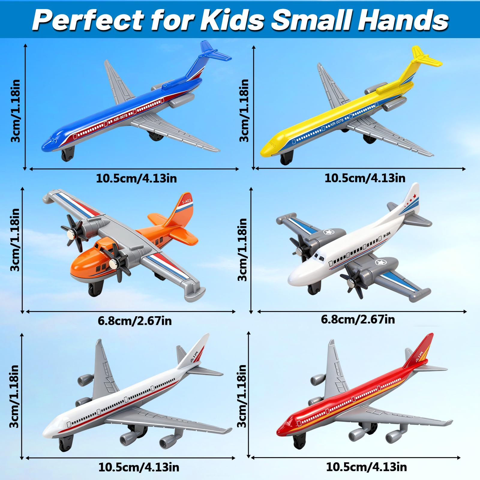 Pack of 6 airplane toys sized about 4.13 by 2.67 inches
