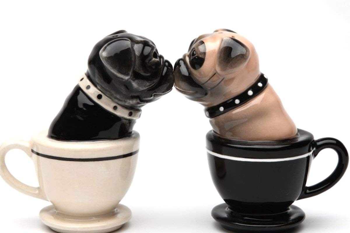 Tea Cup Pugs Magnetic Ceremic Salt and Pepper Shakers hand painted ceramic 3.5 inches tall