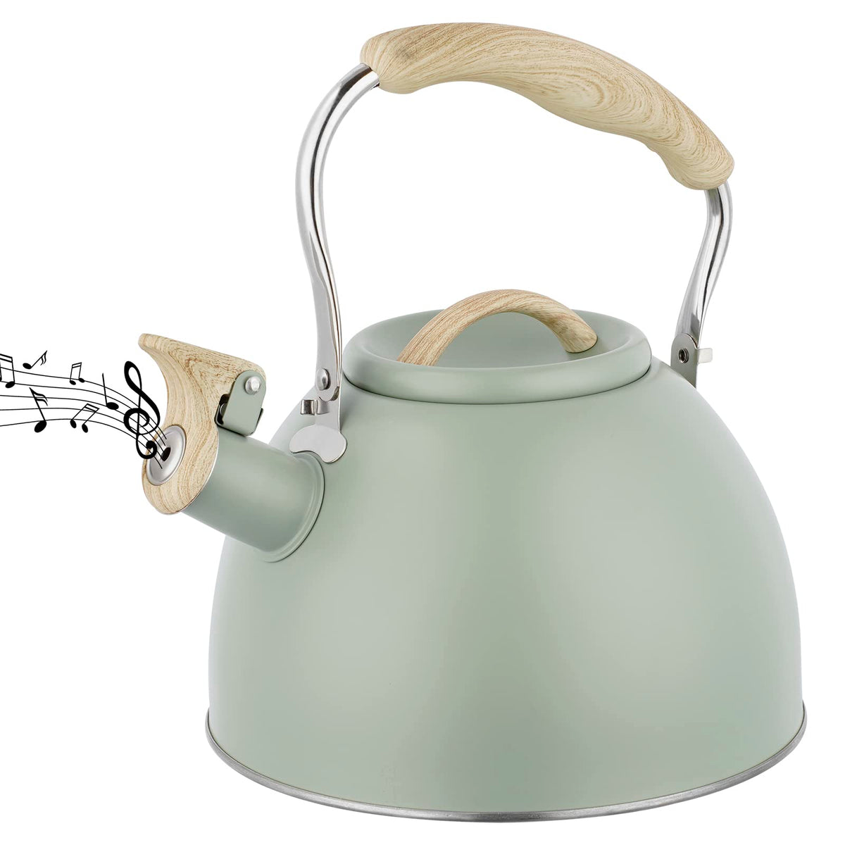 Green stainless steel tea kettle with wood pattern handle for stove top
