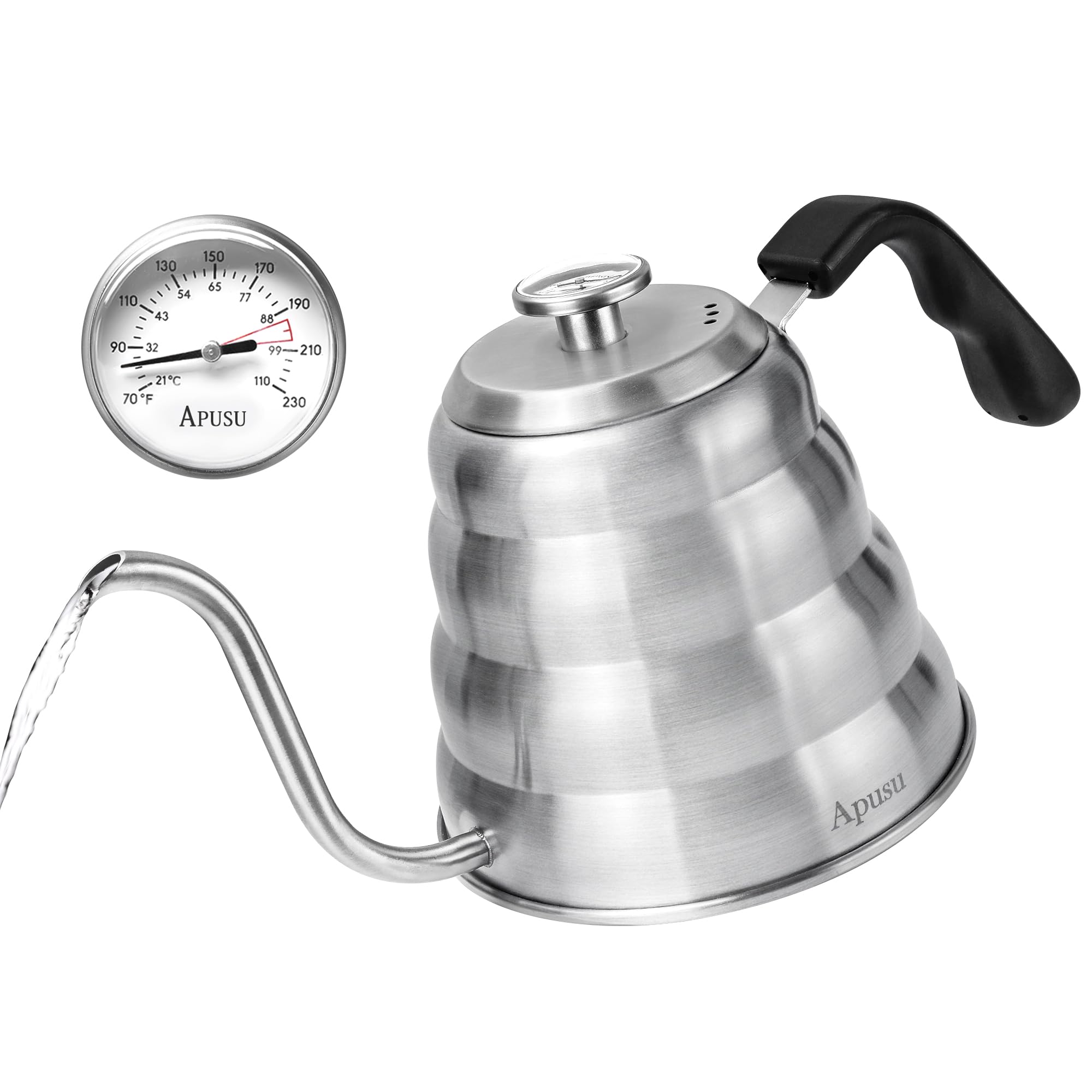 Gooseneck pour over kettle 40oz brushed silver with thermometer