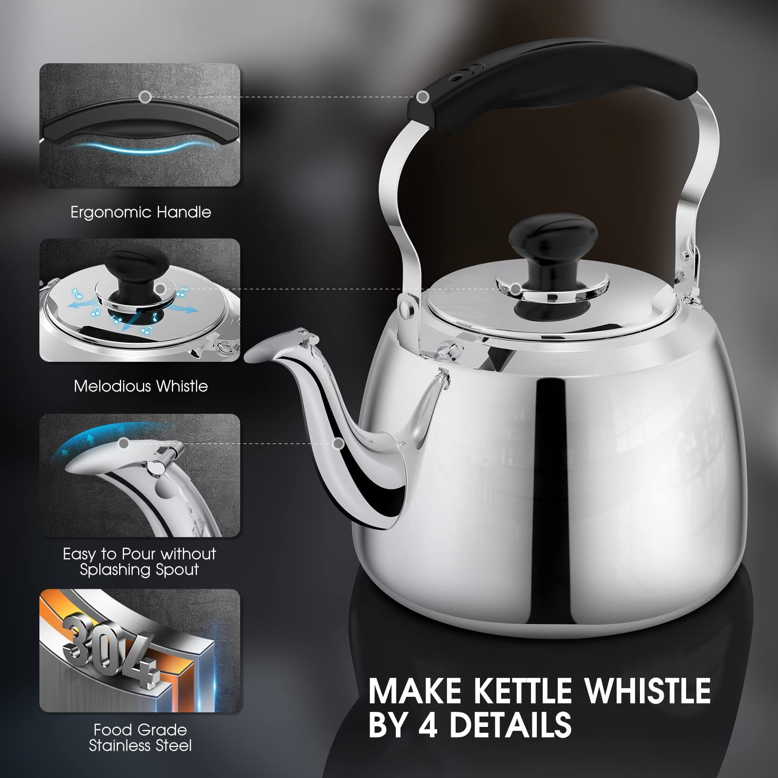 Mirror polished tea kettle 2L for stovetop use