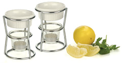 Chrome wire frame and white stoneware cup in butter warmer