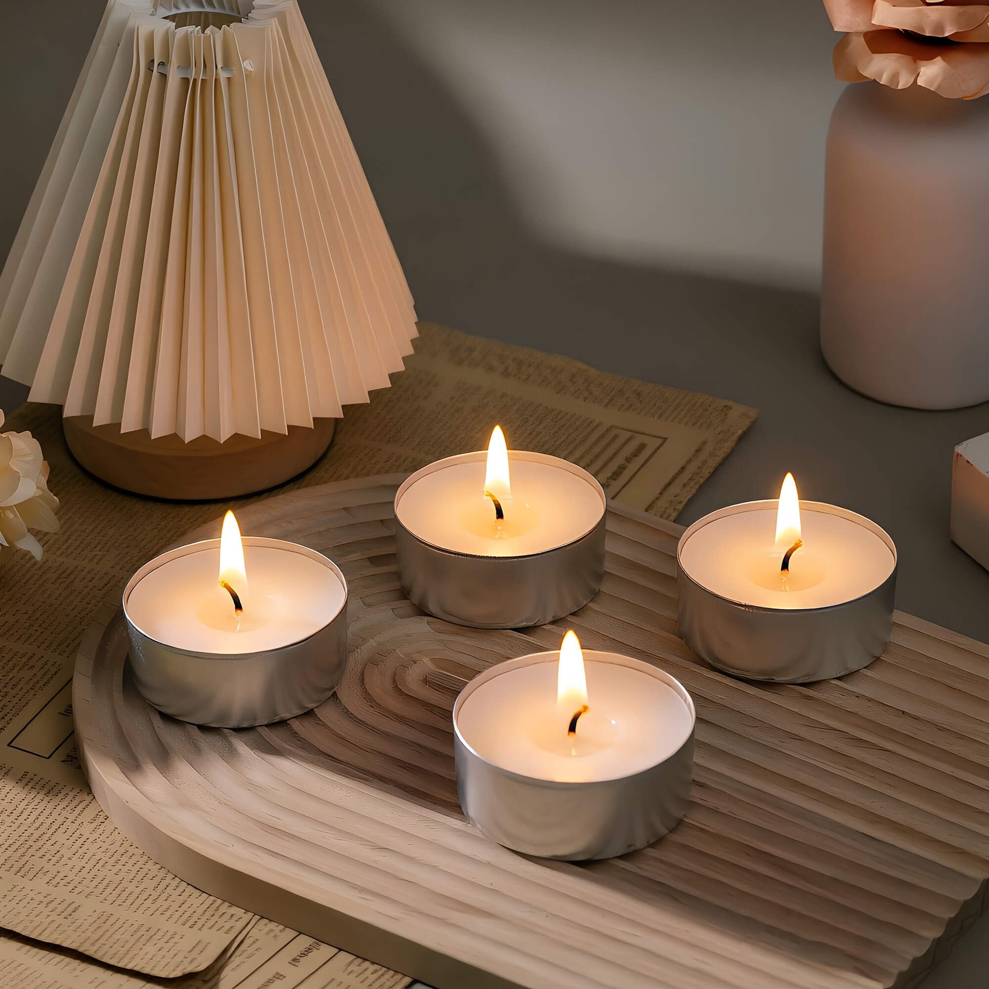 Close up unscented white tea lights with lead-free wick
