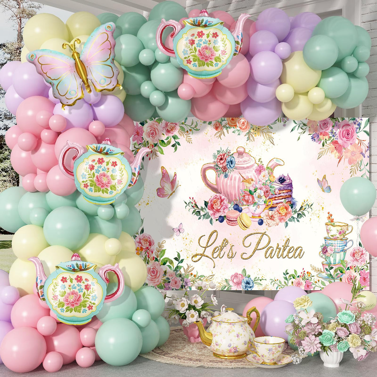 Tea Party Decoration Set showing pastel balloons and backdrop