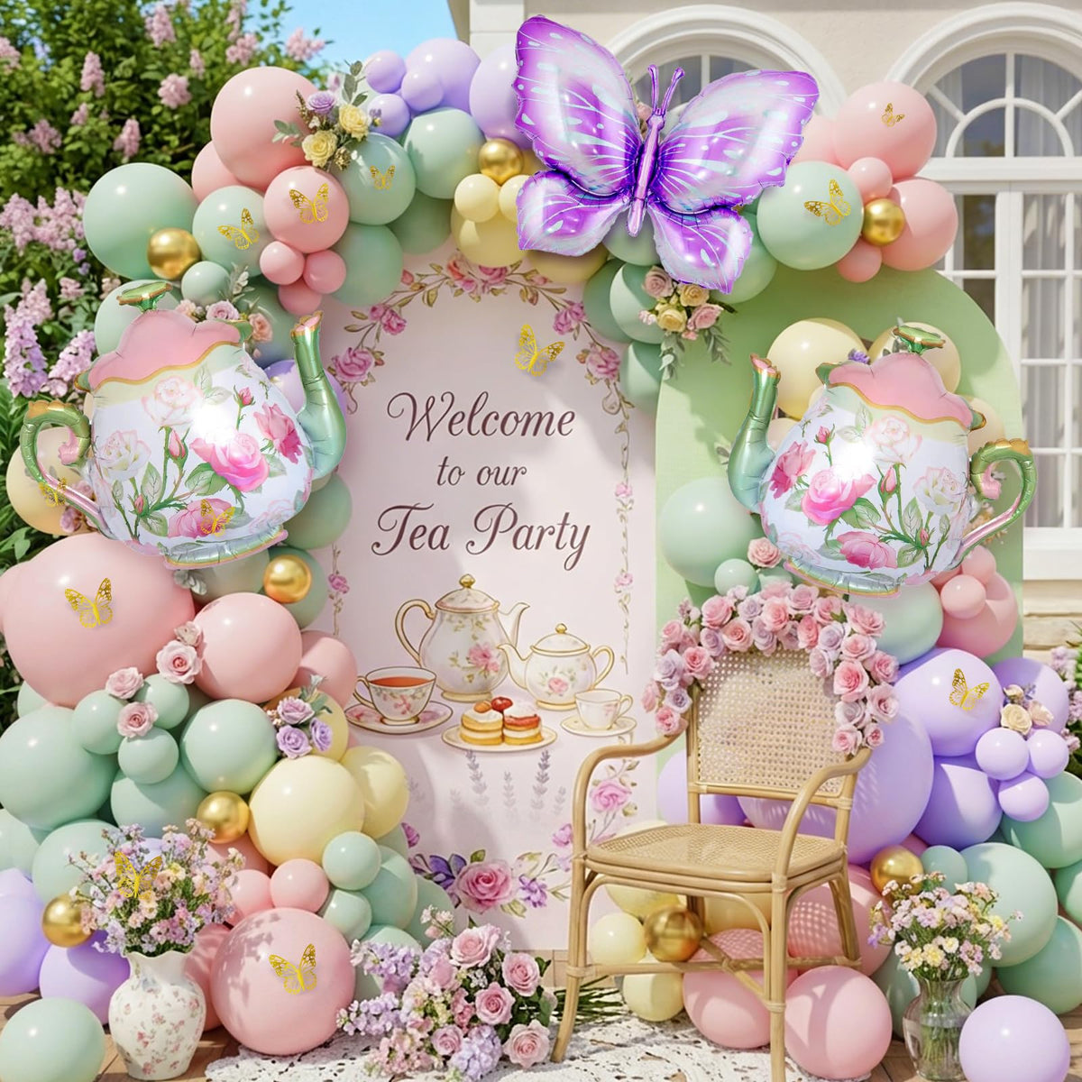 Tea Party Decorations pastel balloon arch kit with pink yellow green balloons