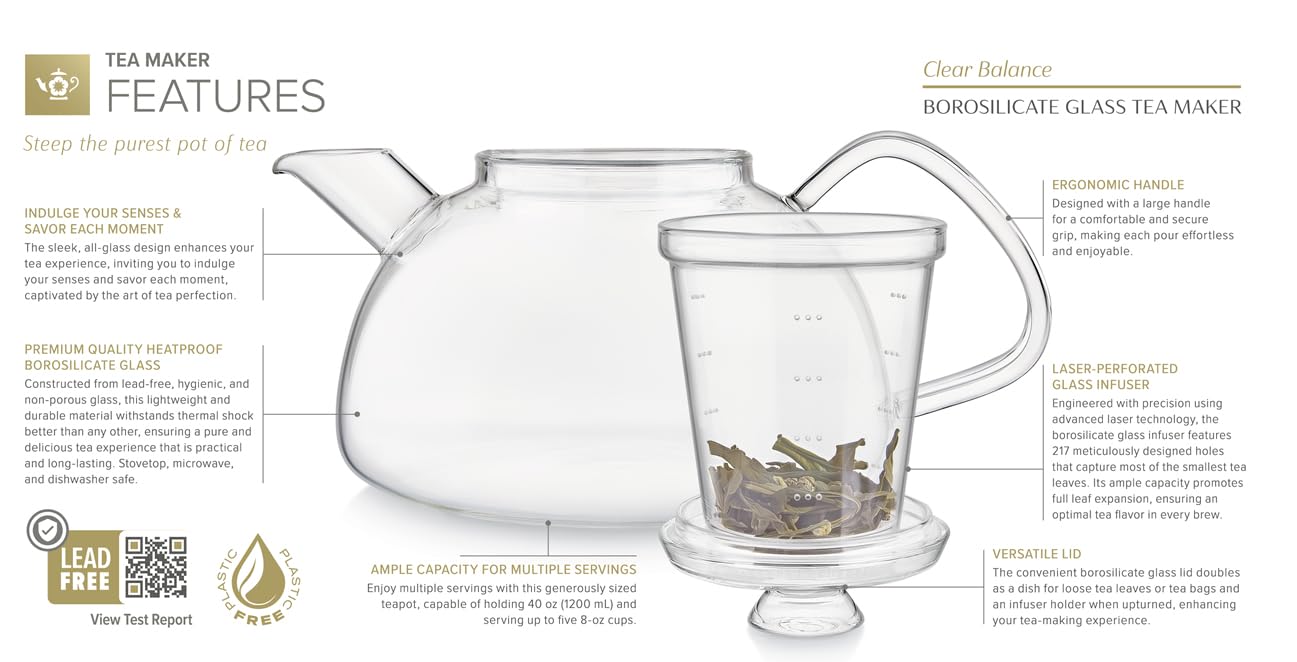 40-ounce capacity borosilicate glass teapot