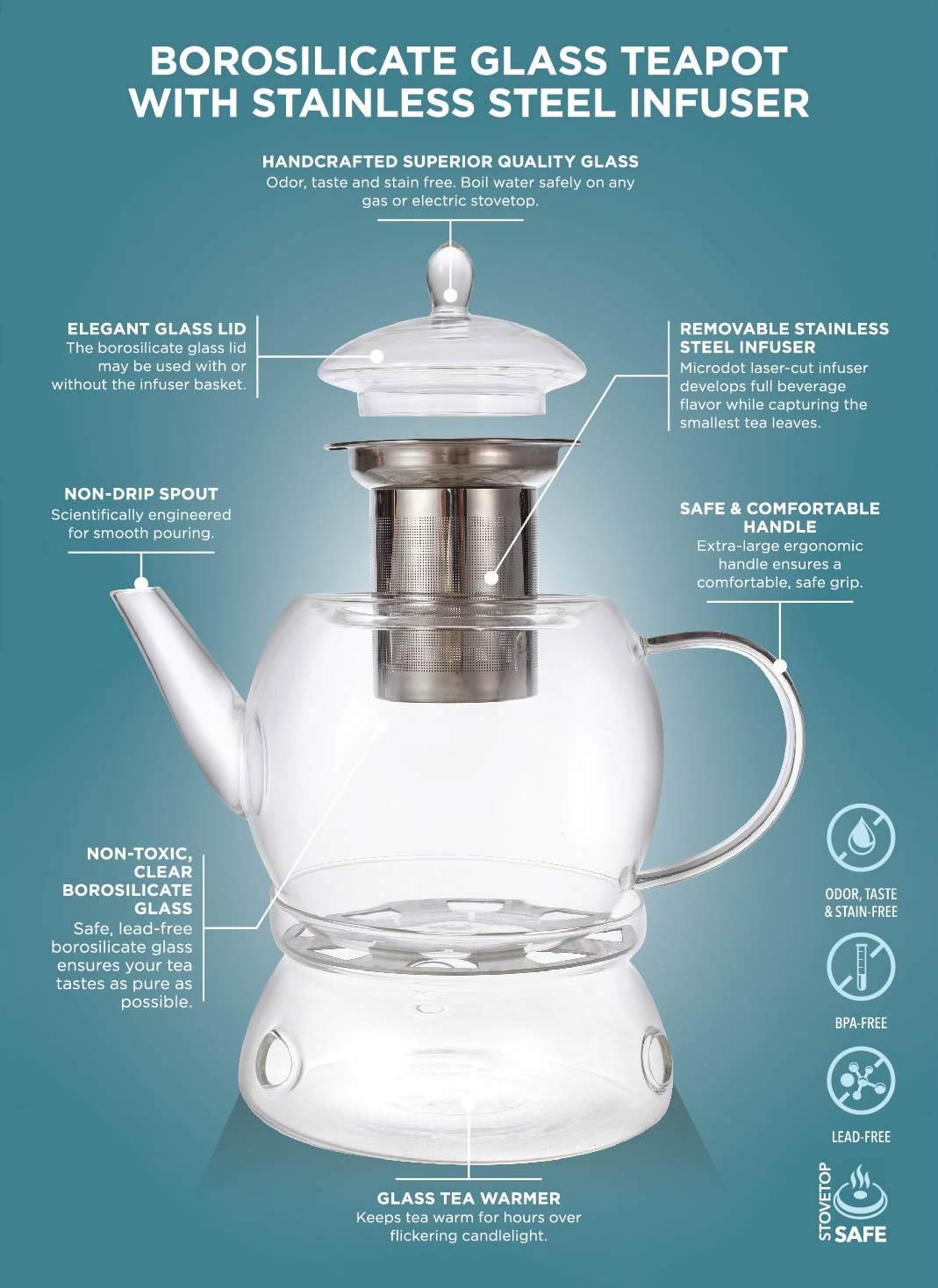 Teabloom Prague teapot with extra wide handle and pour spout