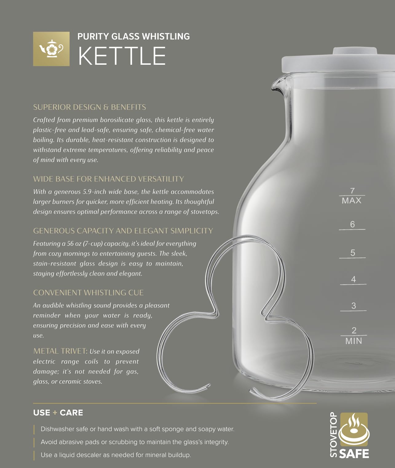 Teabloom Purity Glass Whistling Kettle not induction stovetop use