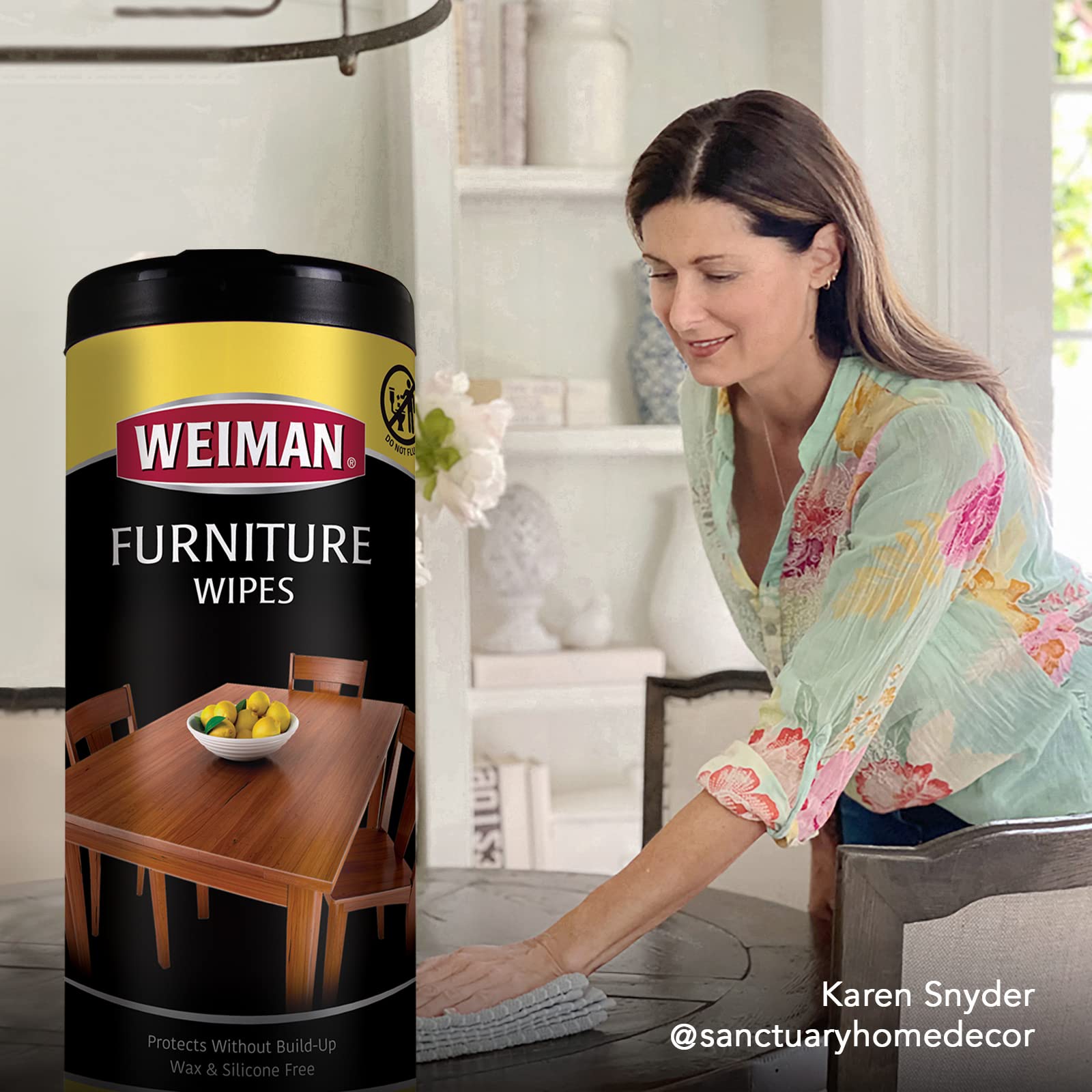 Kitchen cabinets and bedroom furniture being cleaned with Weiman wipes