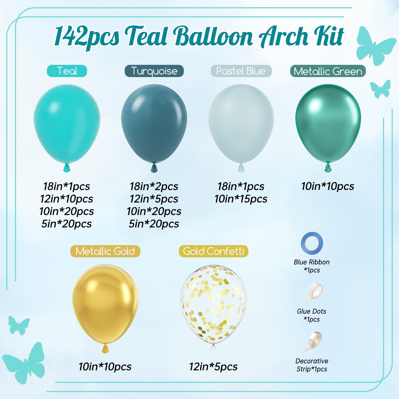 Teal blue green gold balloons in various sizes for arch kit