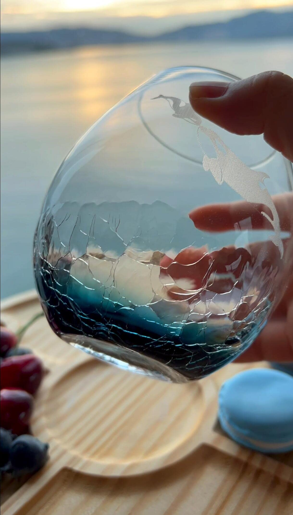 Teal crackle sea inspired glass encoding marine motif
