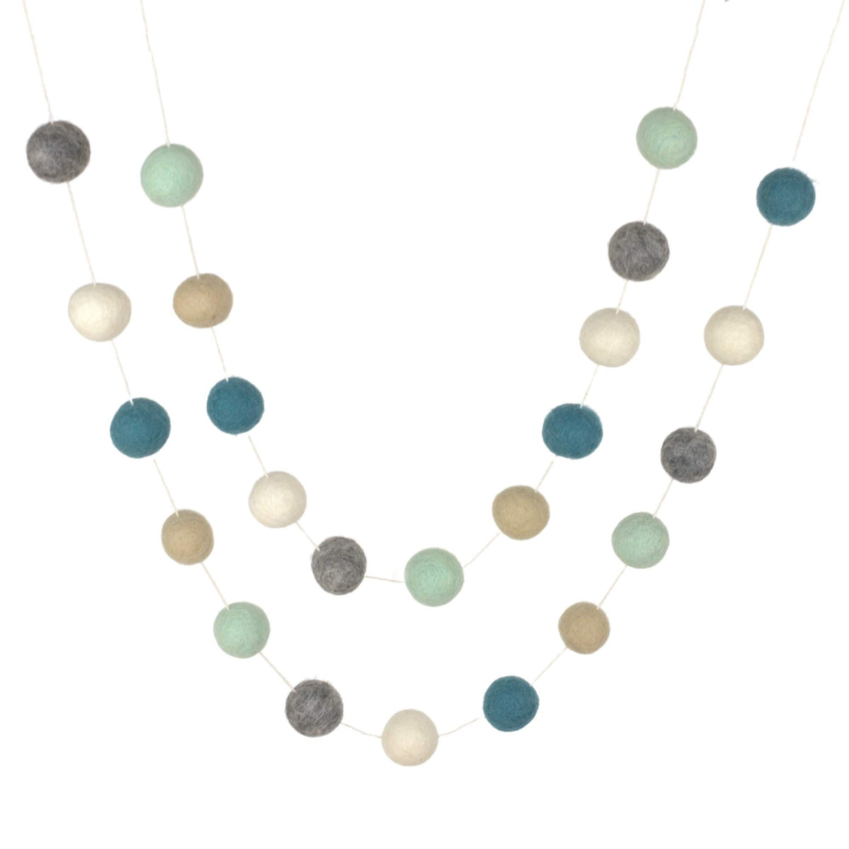 Teal Seafoam Almond Gray White felt ball garland close up