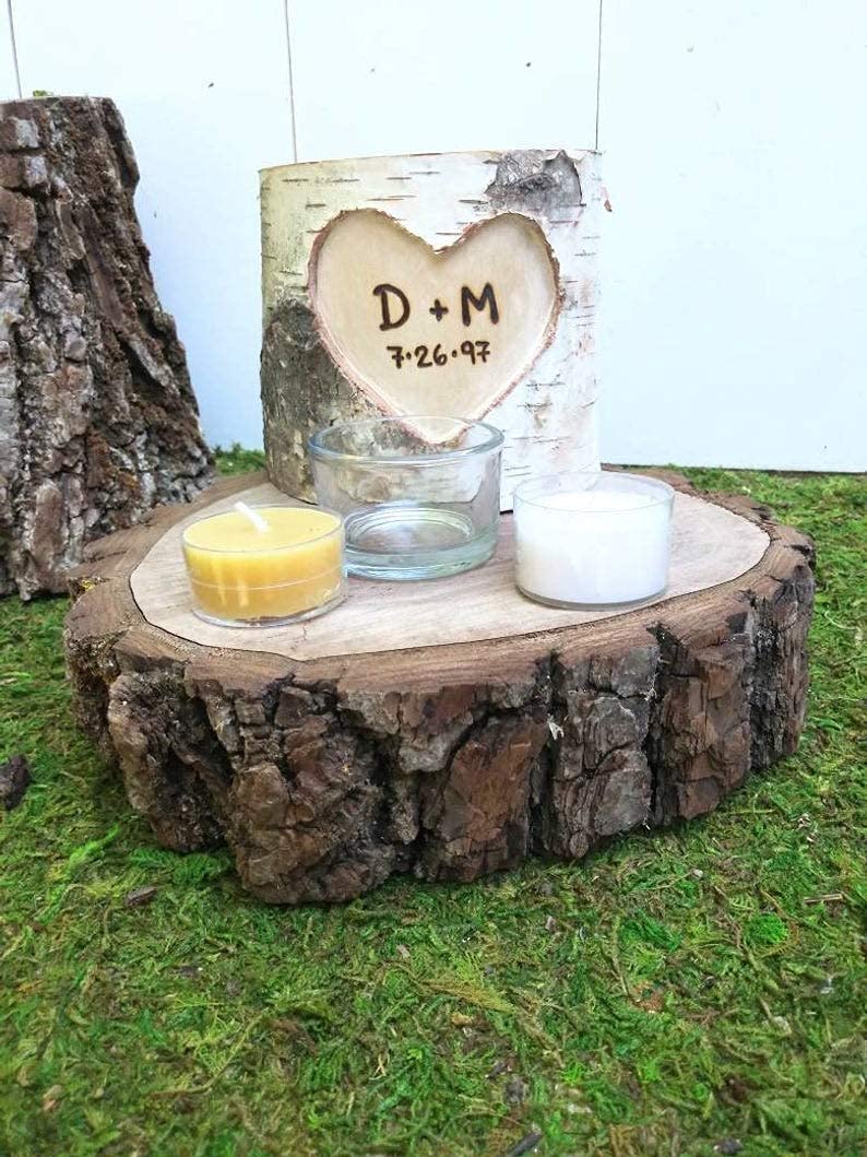 Handcarved and woodburned birch candle holder