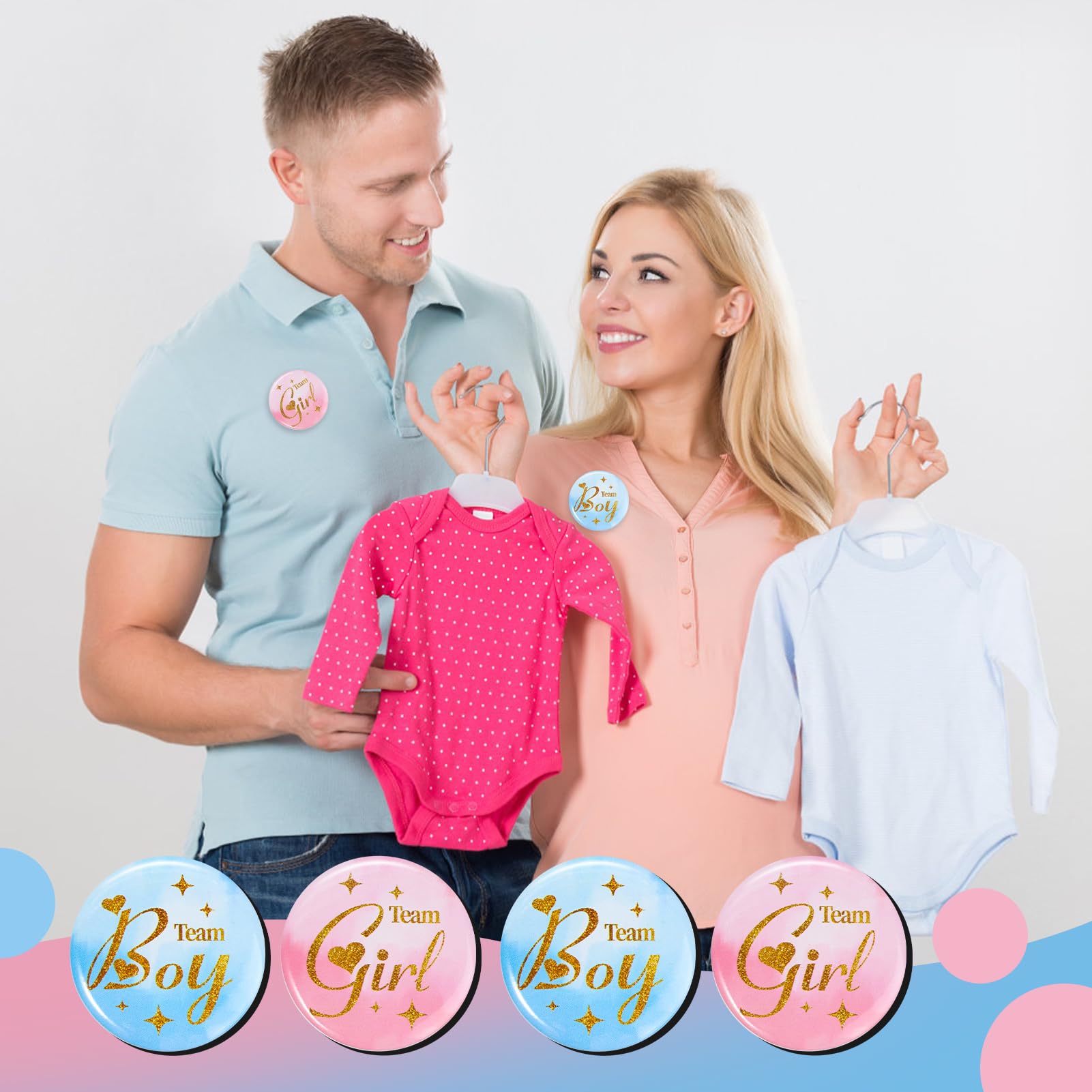 Gender reveal party pins arranged for cups and decor