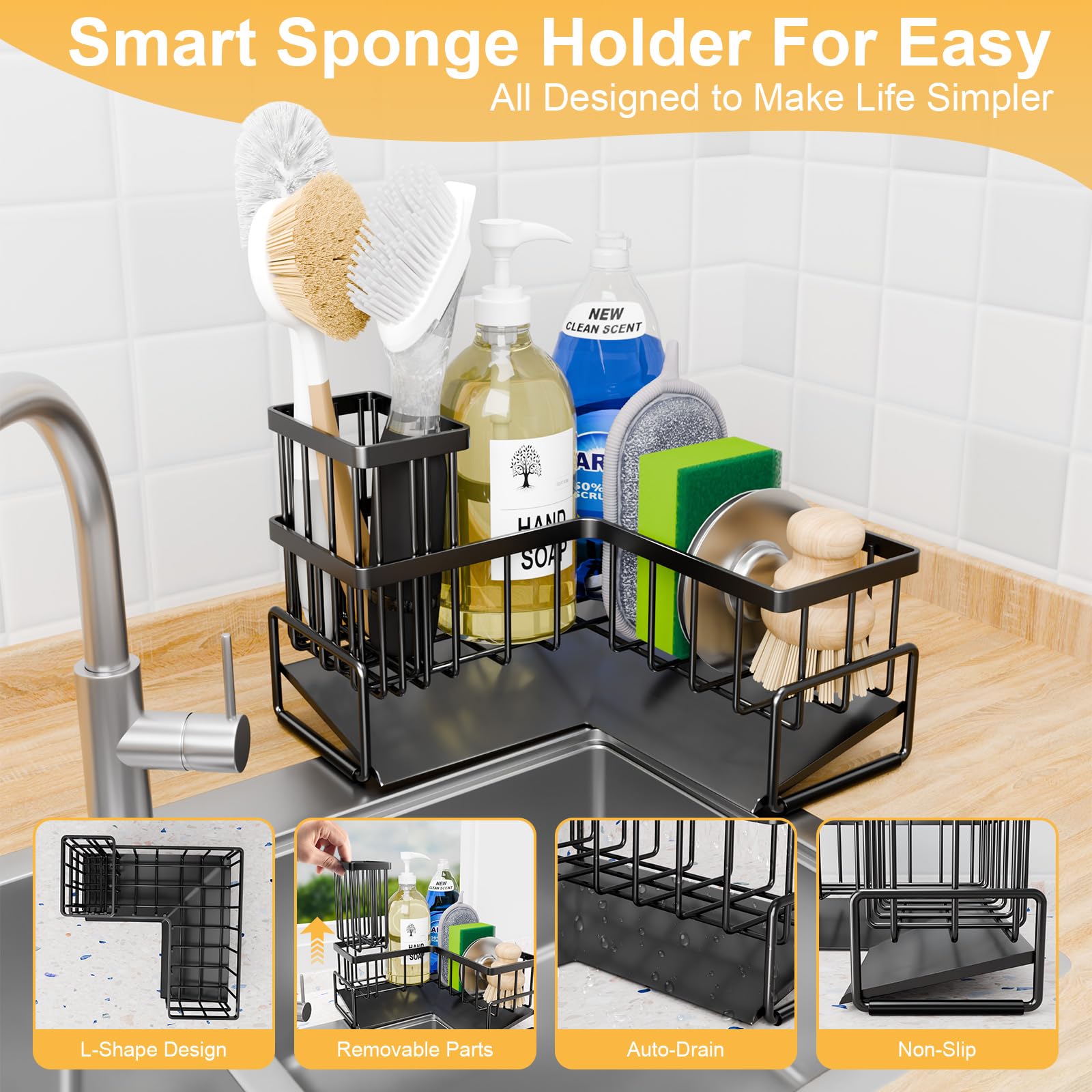 Teamola corner sink brush holder and soap dispenser caddy