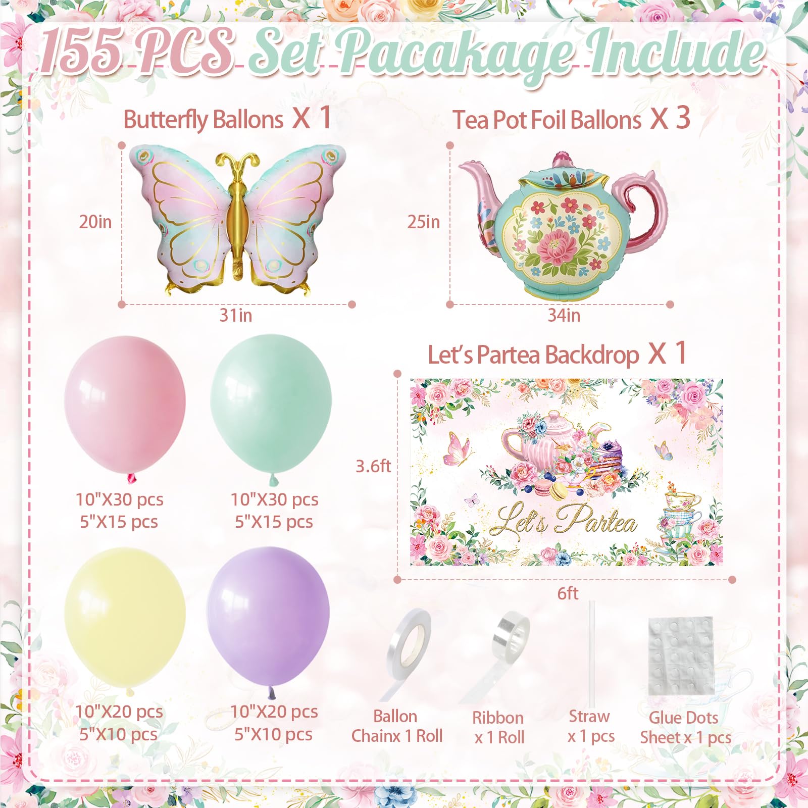 Giant teapot foil balloons with floral patterns for vintage tea party