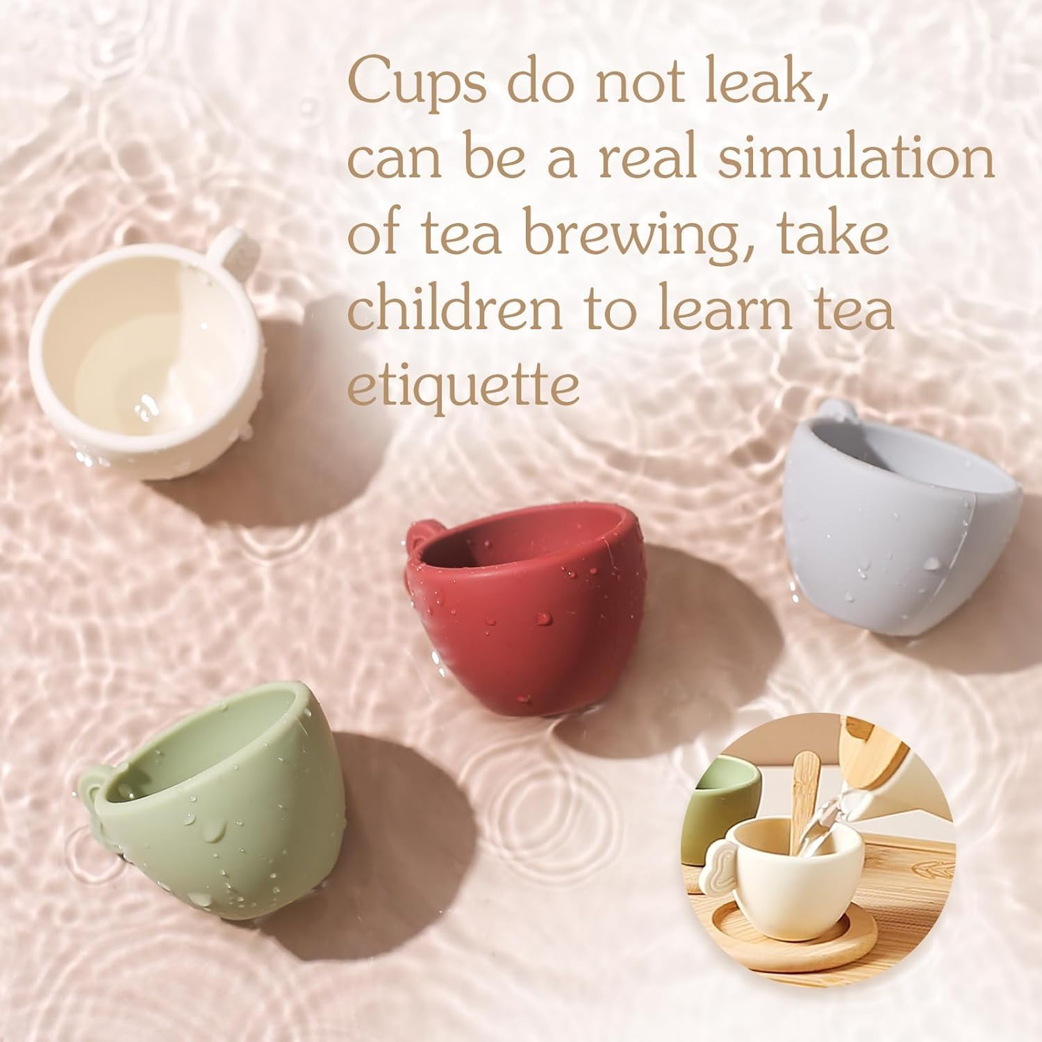 Four silicone teacups from Enchanting Wooden Tea Party Set