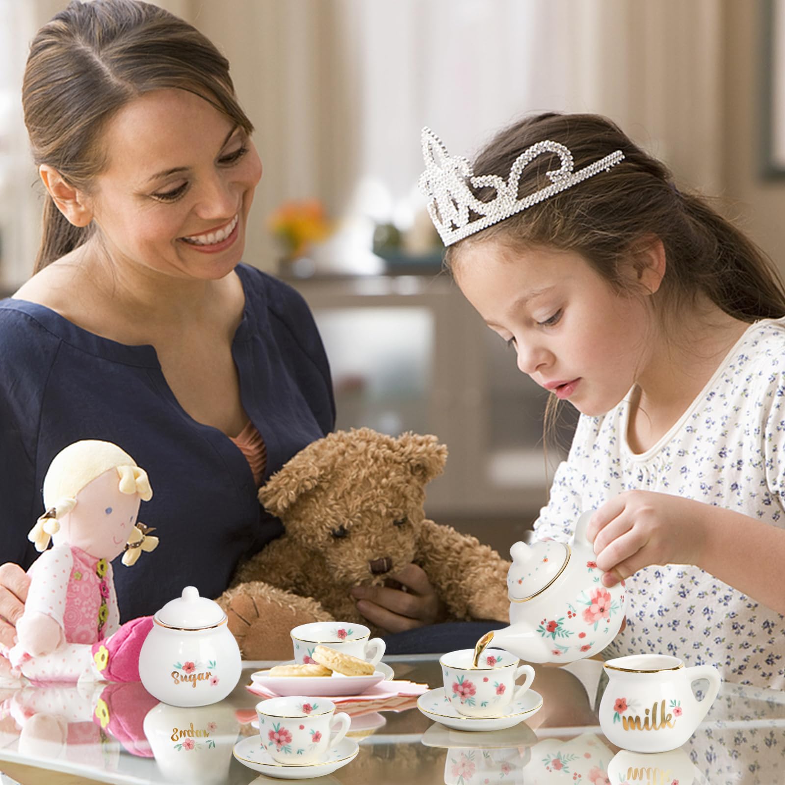 Carrying case included for portable pretend play tea set