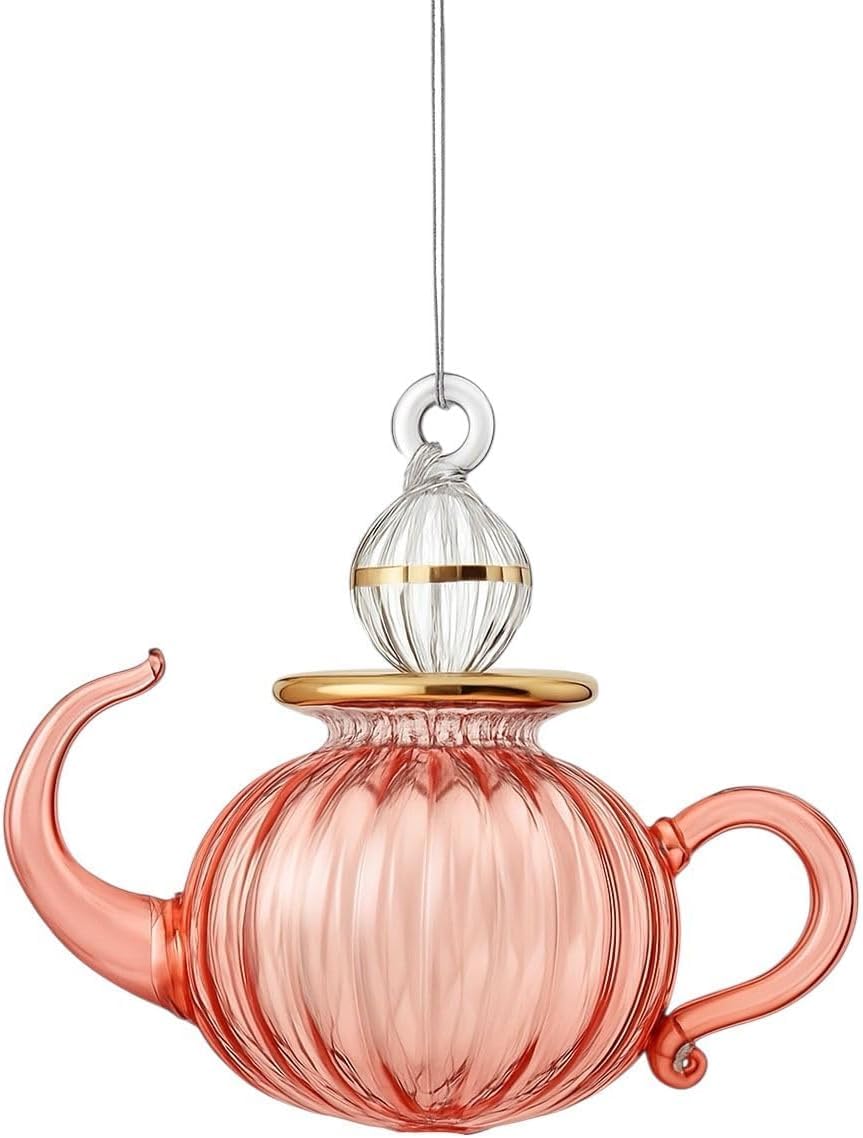 Teapot Tree Topper Ornament pink ribbed glass embossed with 14K gold