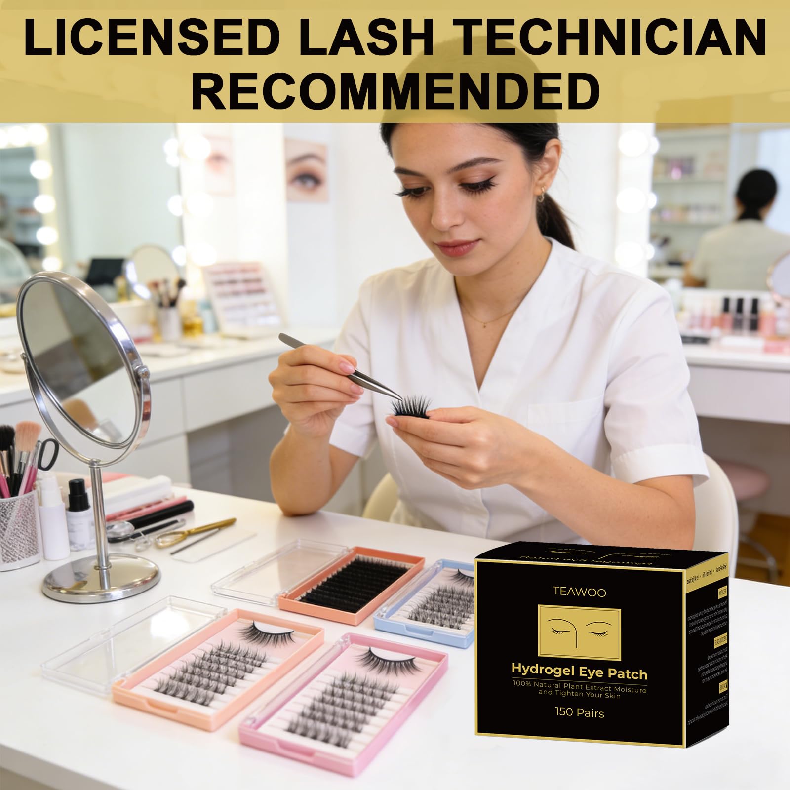 Professional lash technician eye patches packaging and use