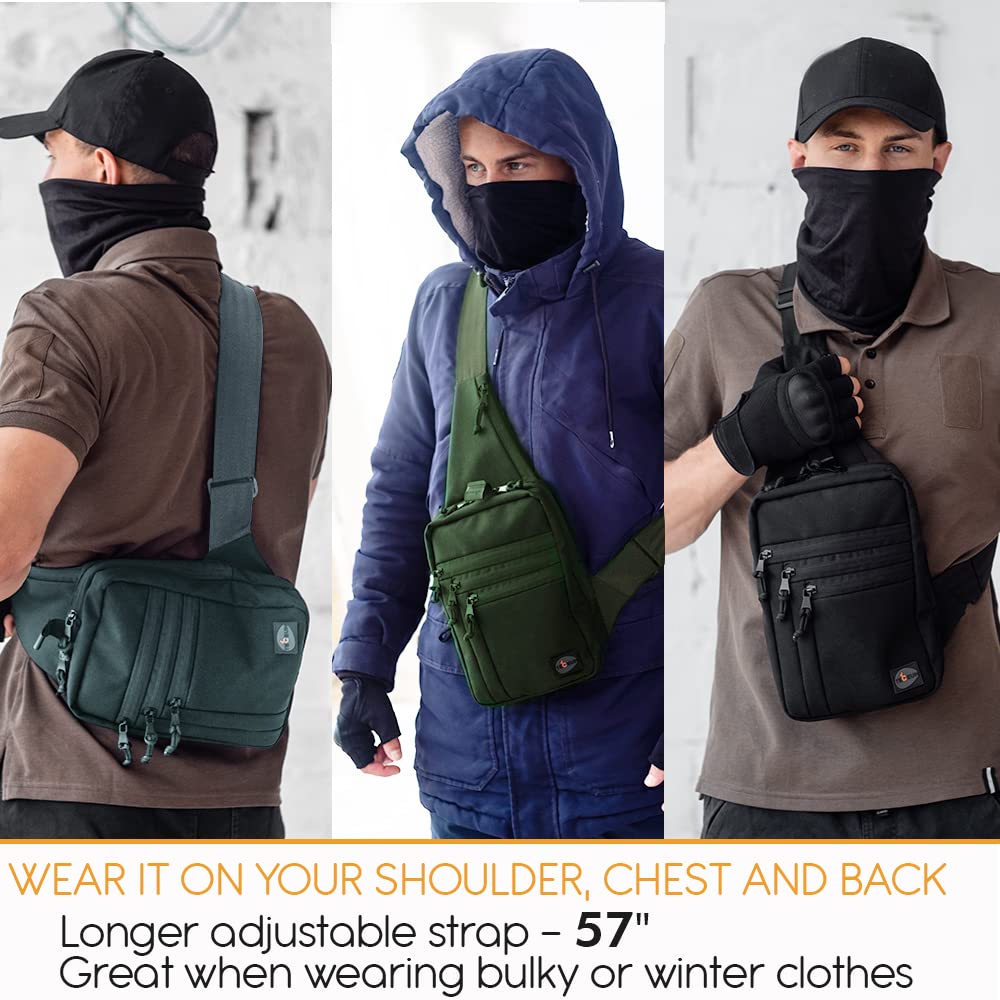 TECEUM sling bag worn on chest for conceal carry