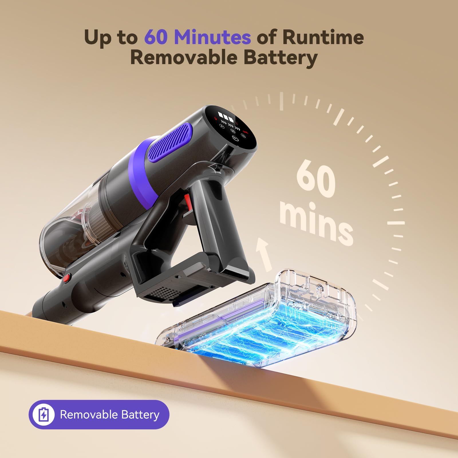 Anti-tangle V-Brush and green LED light on TechRise vacuum