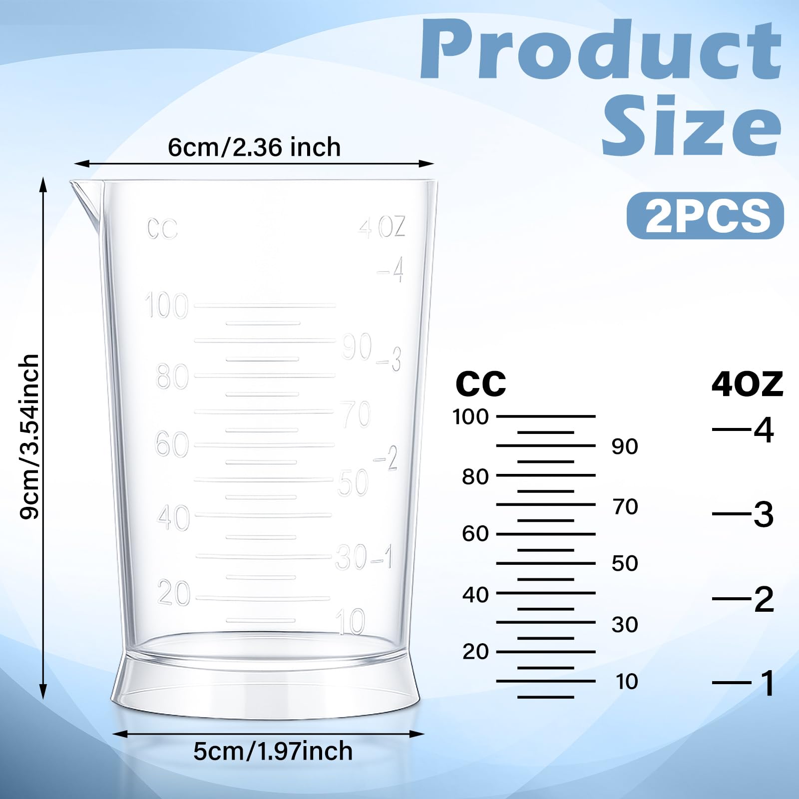 Two transparent hair dye measuring cups for salon and home use