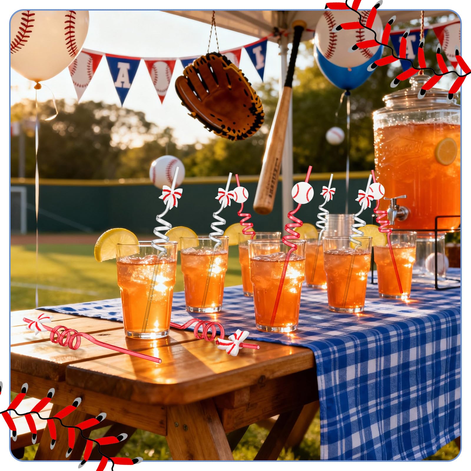 Bulk Teecyhooo 24 pack baseball bow coquette straws for party use
