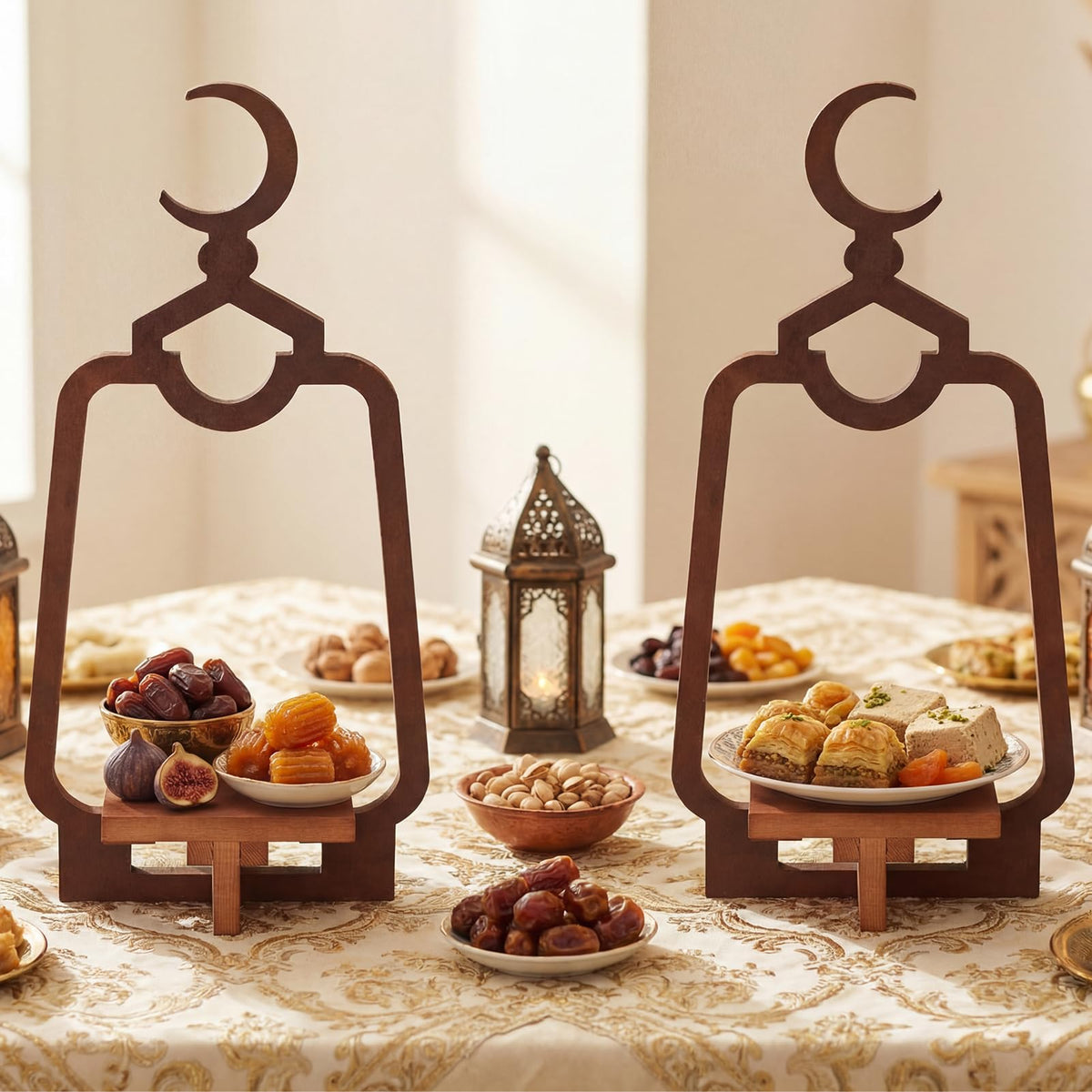 Teecyhooo two piece Ramadan serving tray set with moon design in gold wood finish