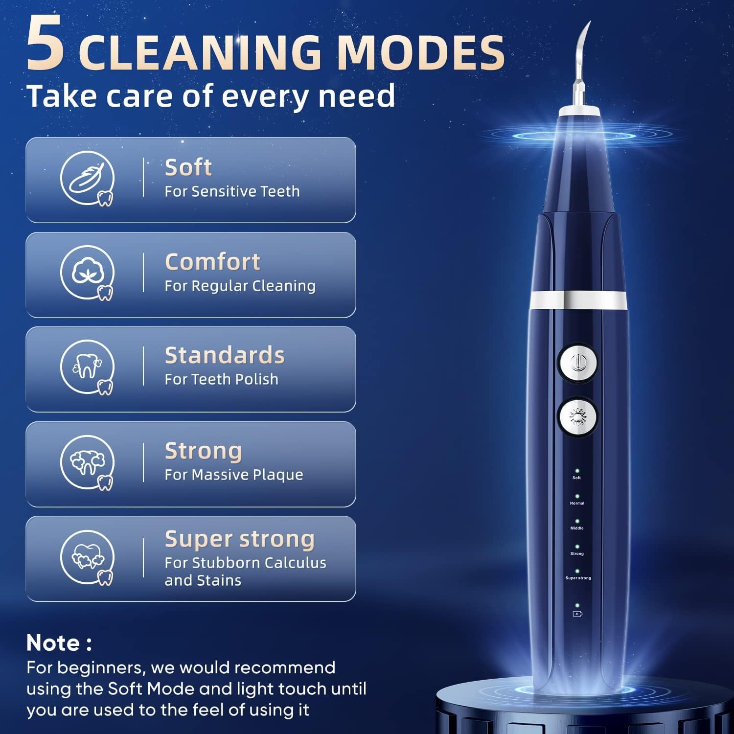 Teeth cleaning kit with five modes and stainless steel heads