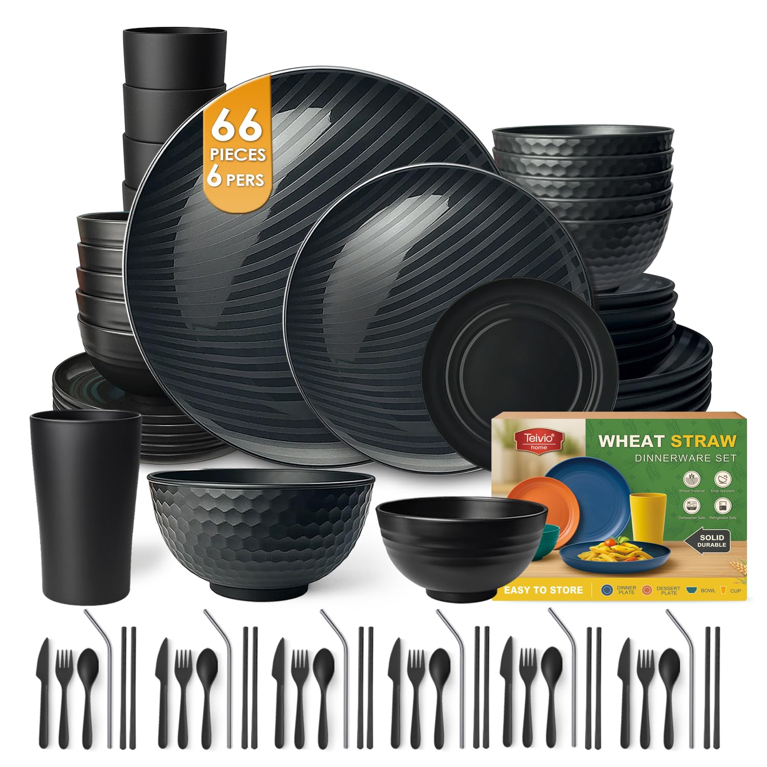 Teivio 66-Piece Dinnerware Set for 6 in black
