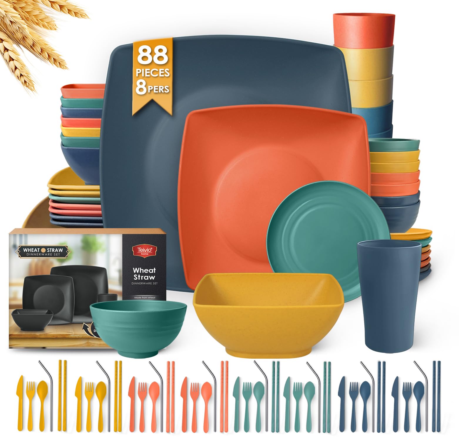 Teivio 88-piece dinnerware set service for 8 with plates bowls and tumblers