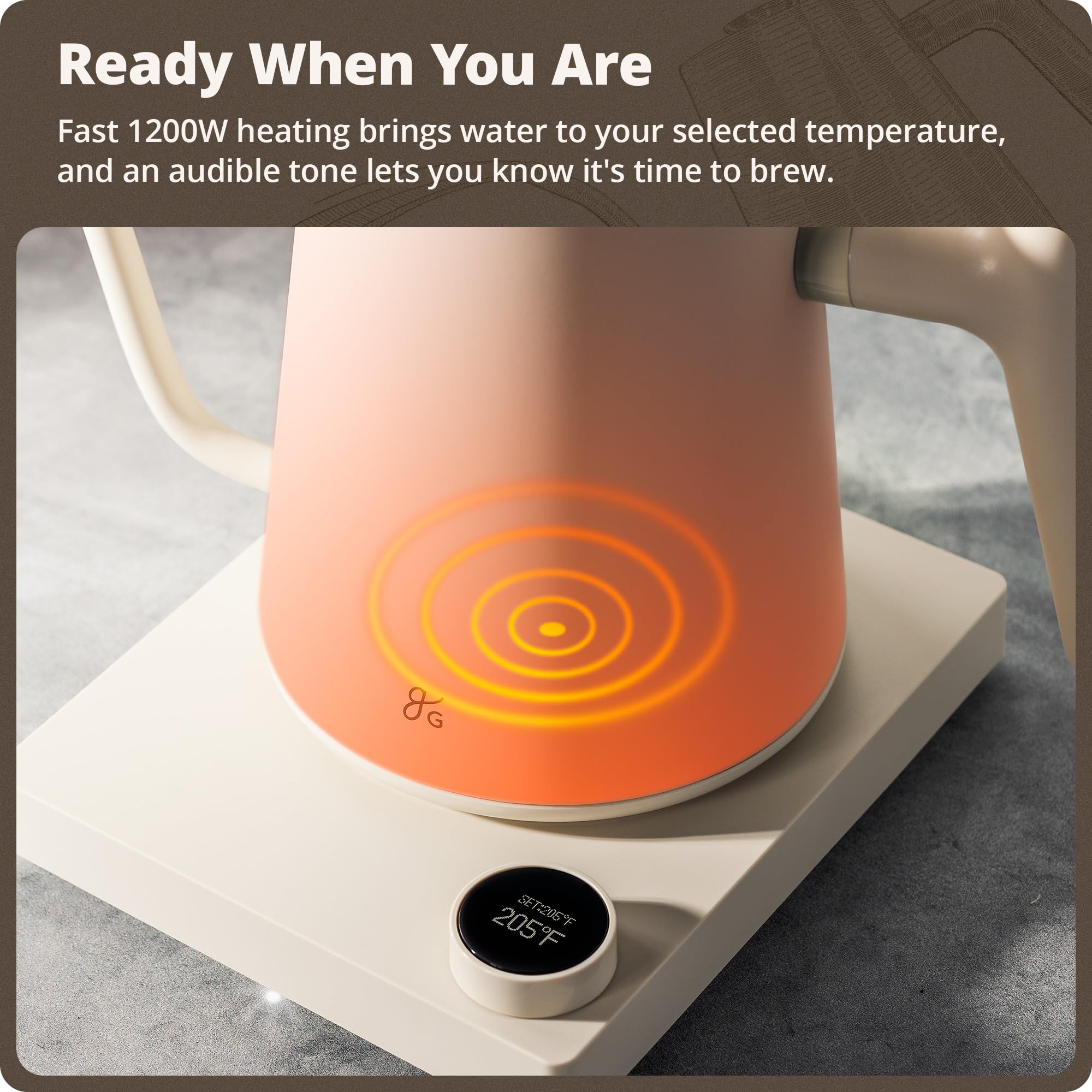Live temperature display on kettle with timer