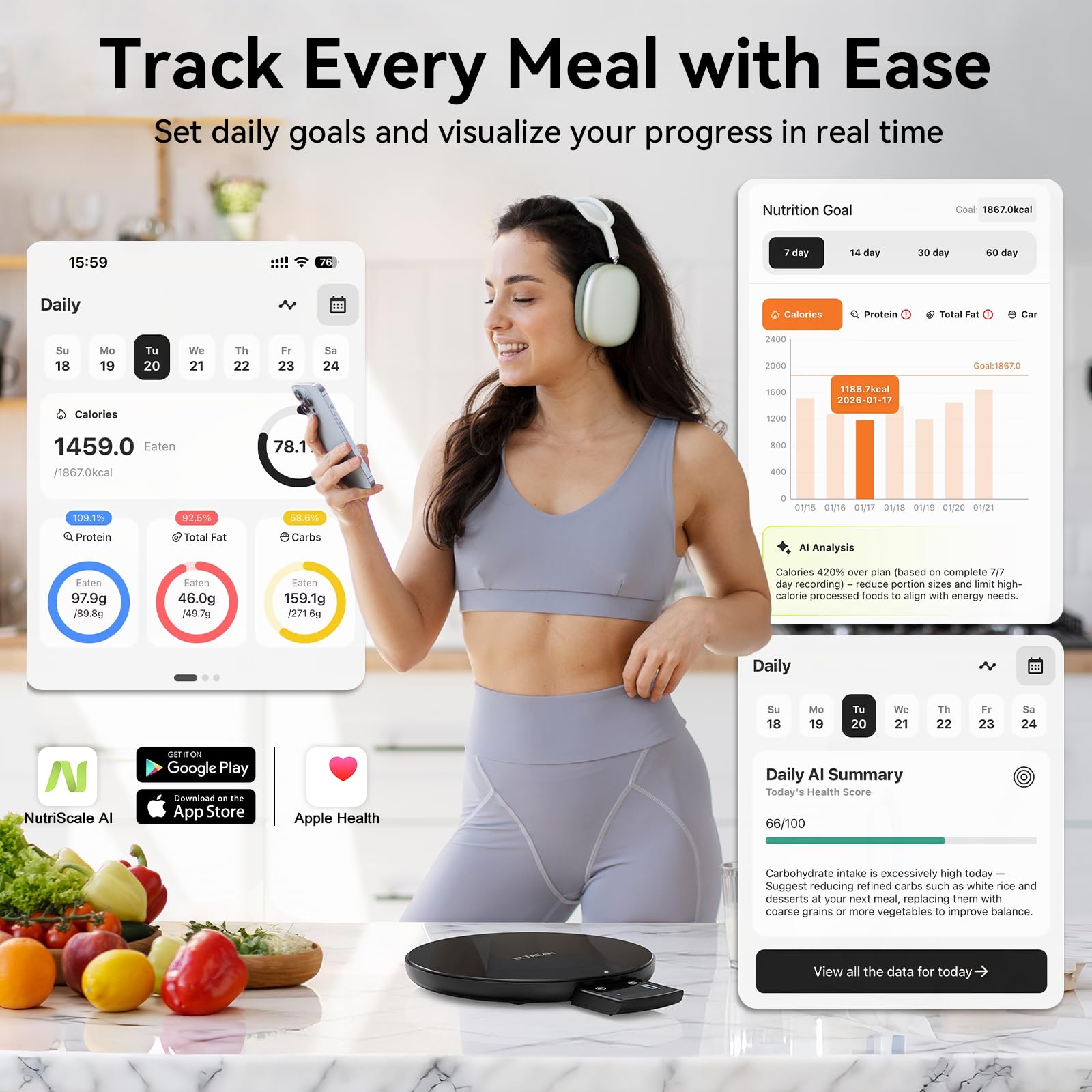 Tempered glass surface compact kitchen scale 6.89 x 0.79 inches