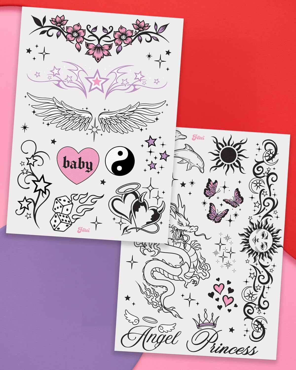flowers angel wings butterflies designs on temporary tattoo sheet