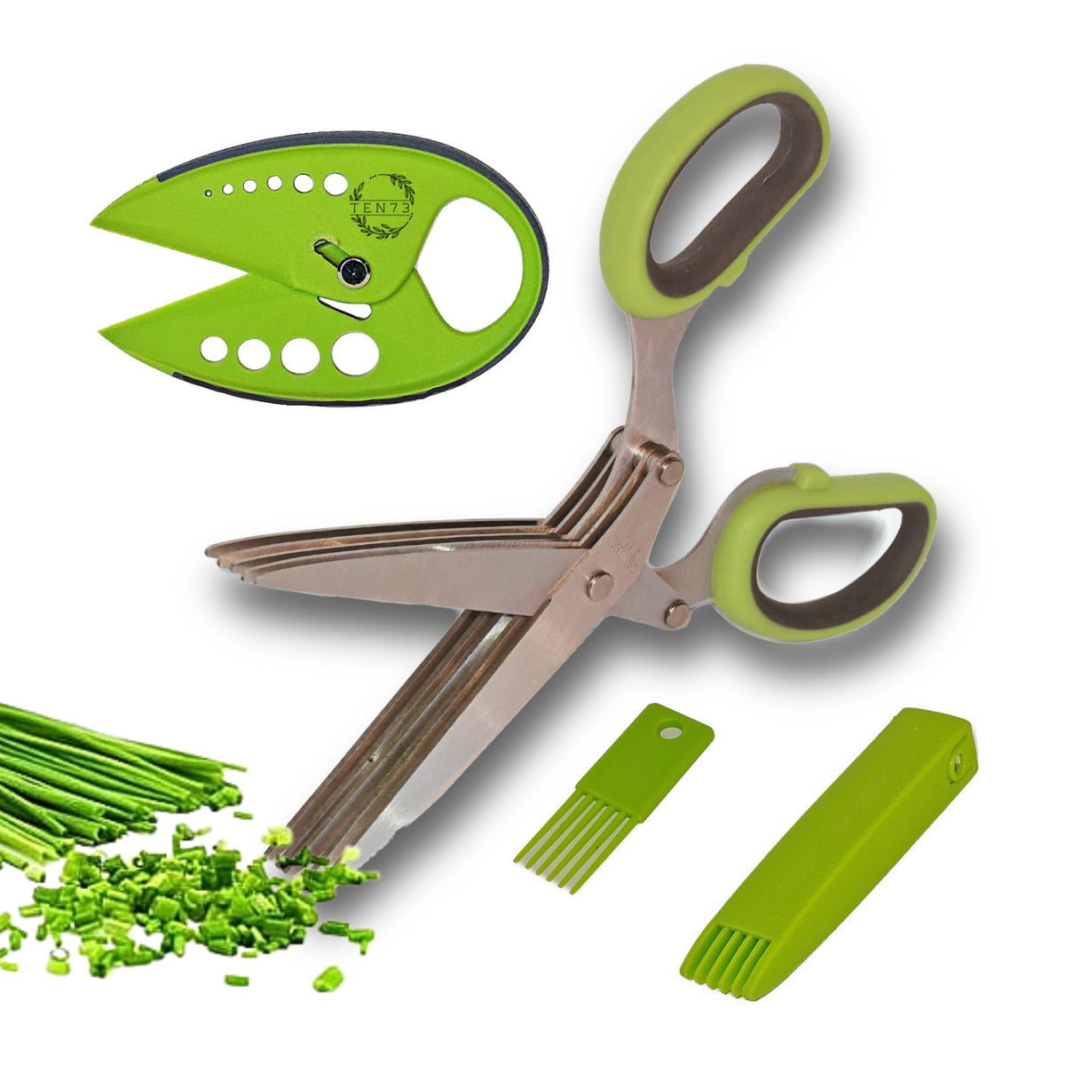 TEN73 2-in-1 herb scissors and leaf stripper set on kitchen counter