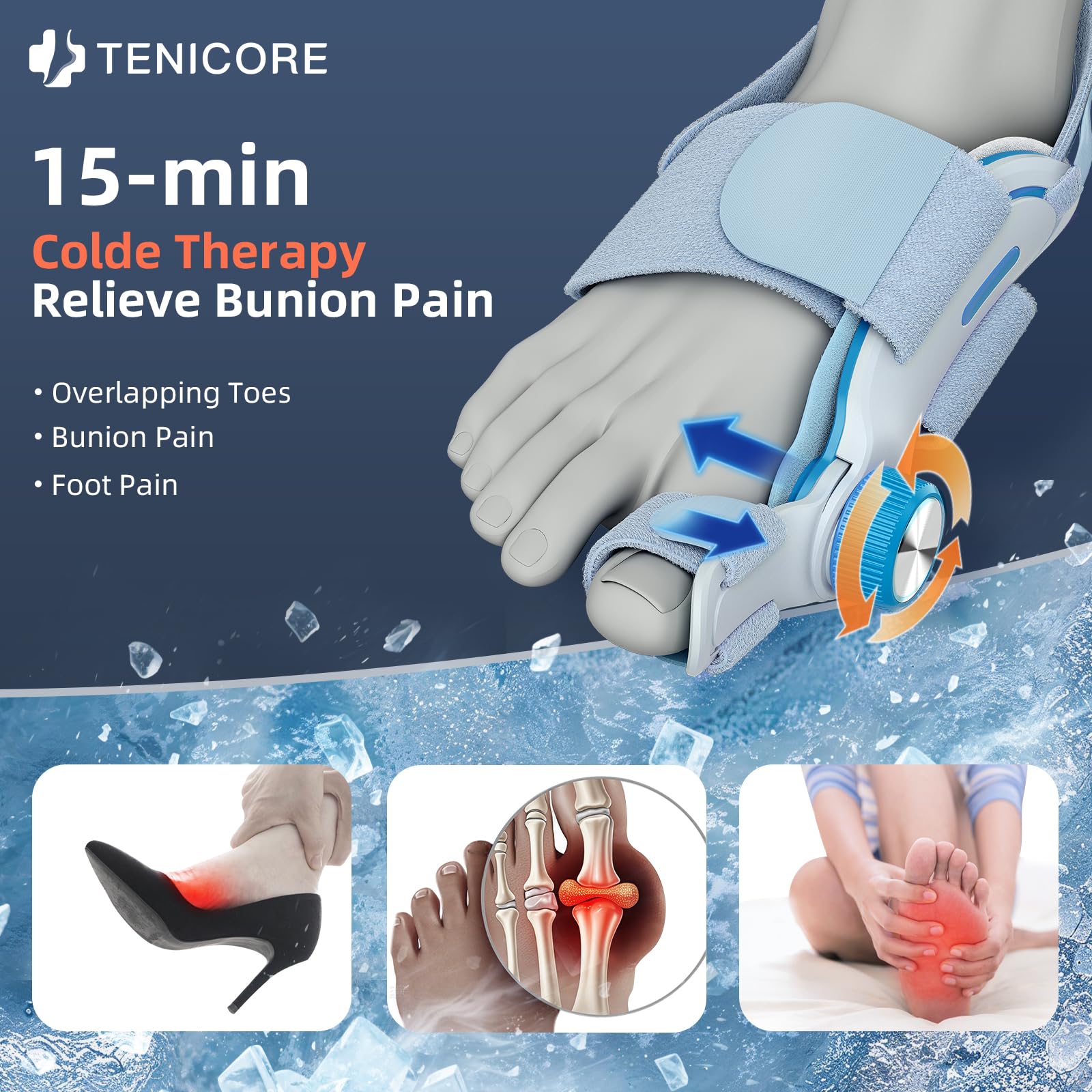 Removable cold compress pad with TENICORE bunion corrector