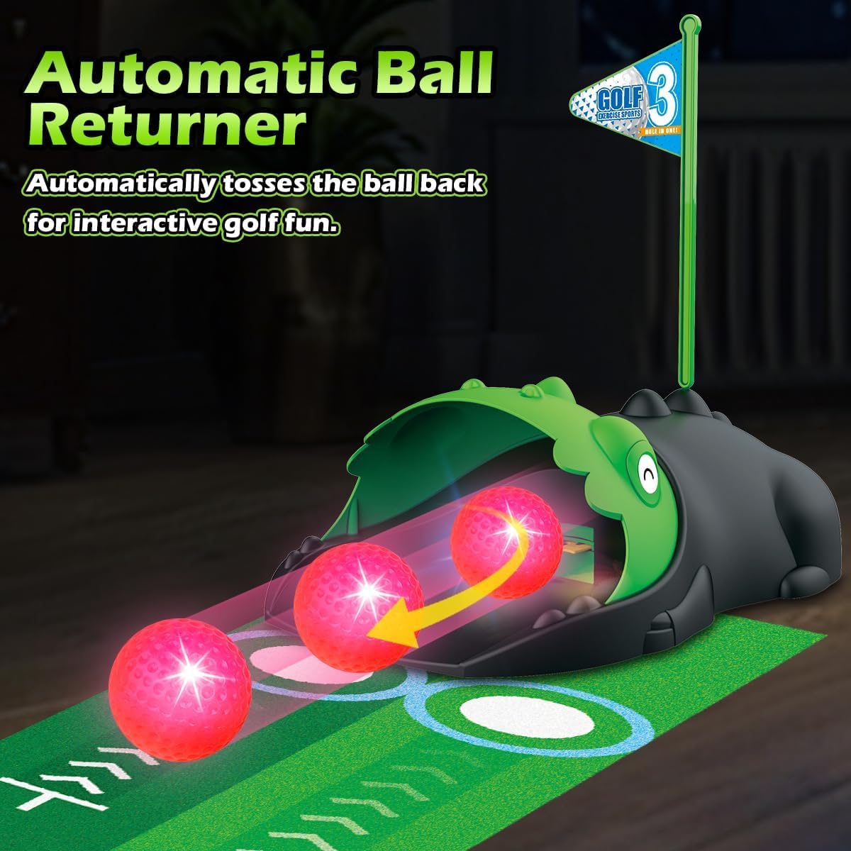 Dinosaur mouth auto ball returner feature in TERRAMUS golf set