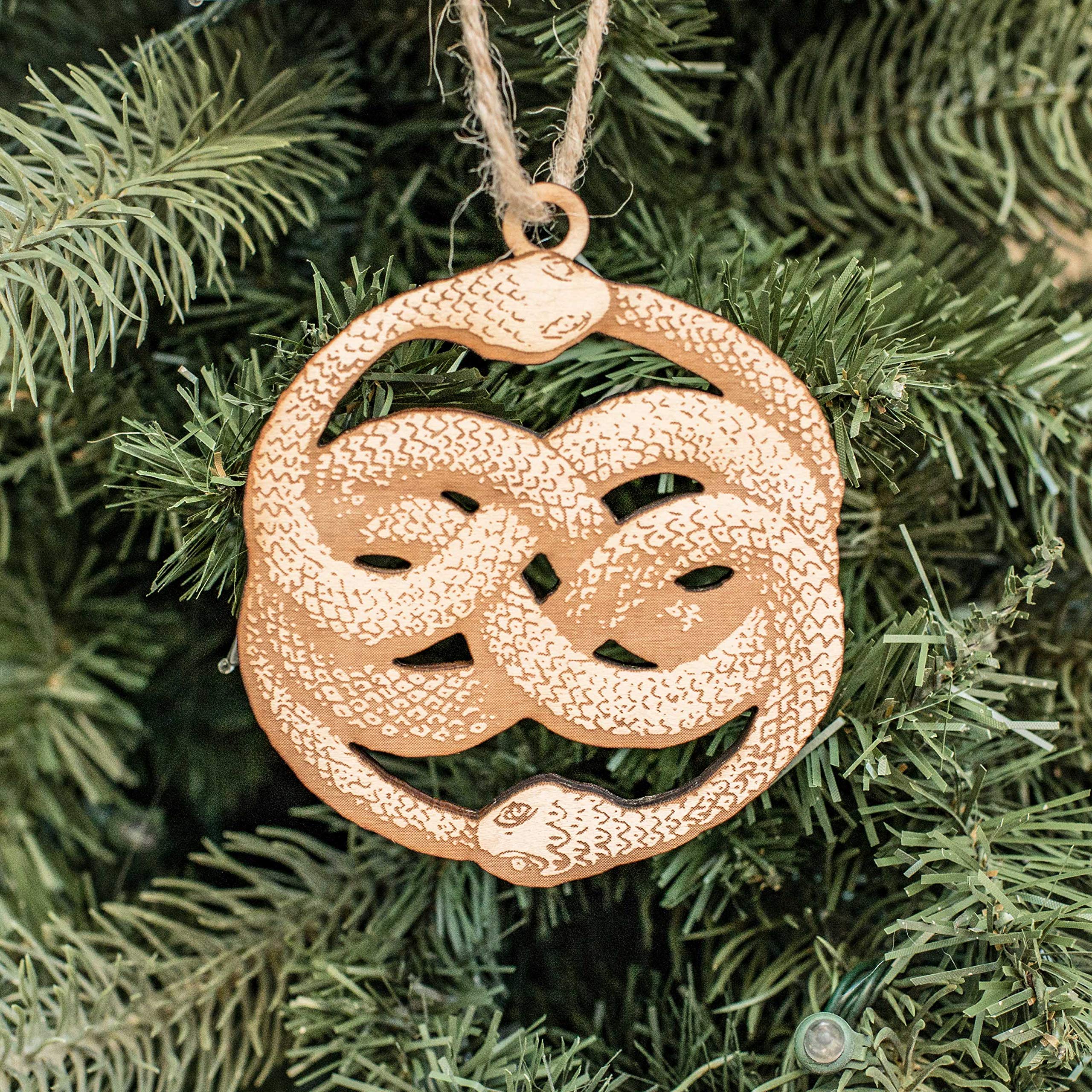 Texas made Ouroboros ornament in raw wood finish