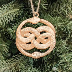Texas made Ouroboros ornament in raw wood finish